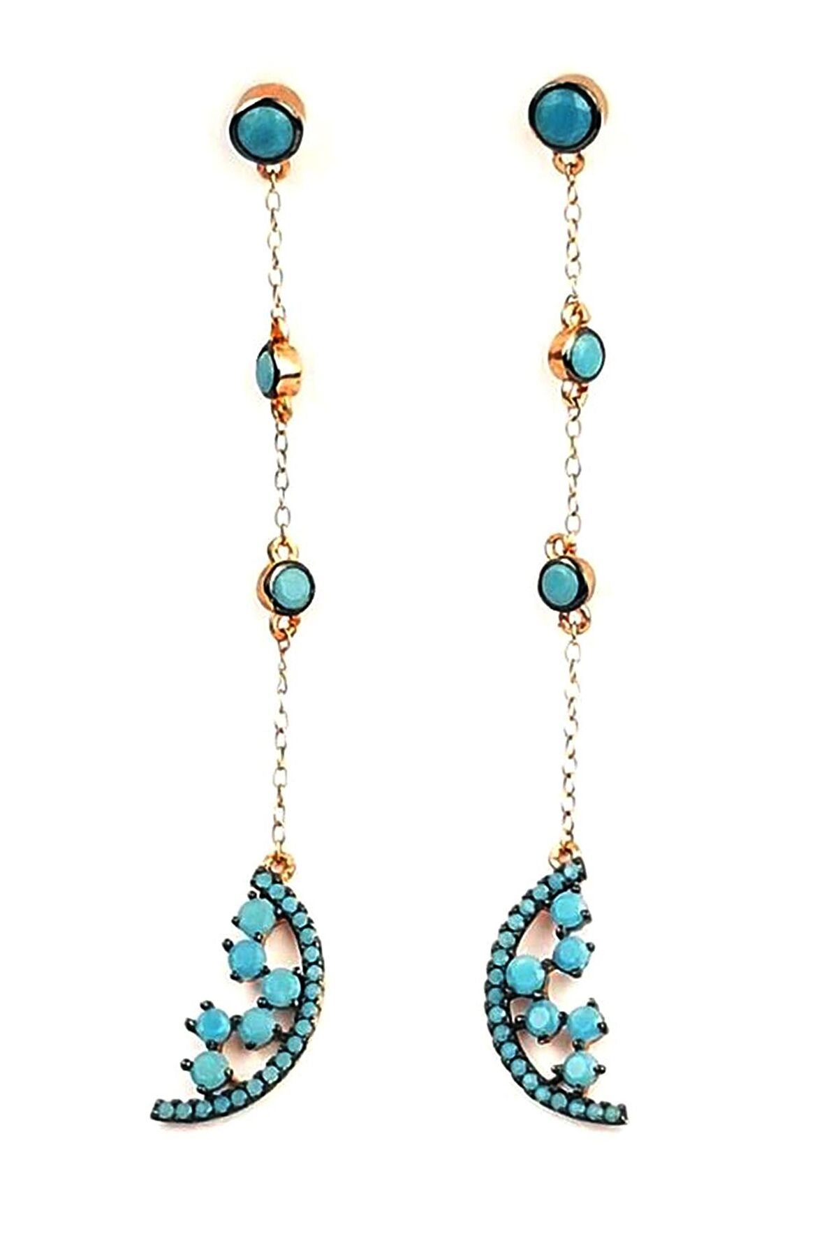 Turkuaz taşlı Gümüş Üzerine altın kaplama sallantılı küpe