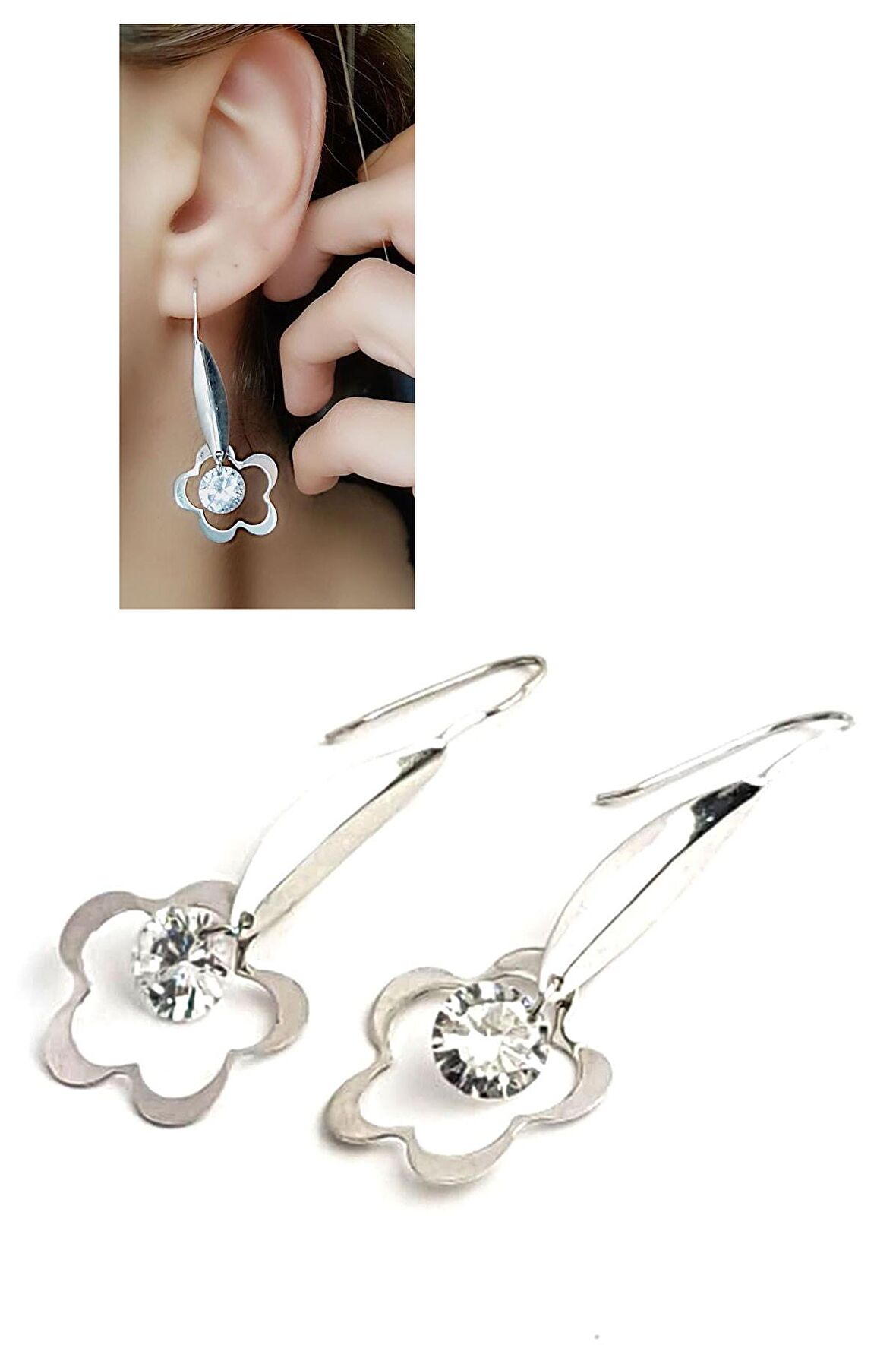 Swarovski taşlı çiçek figürlü sallantılı gümüş küpe