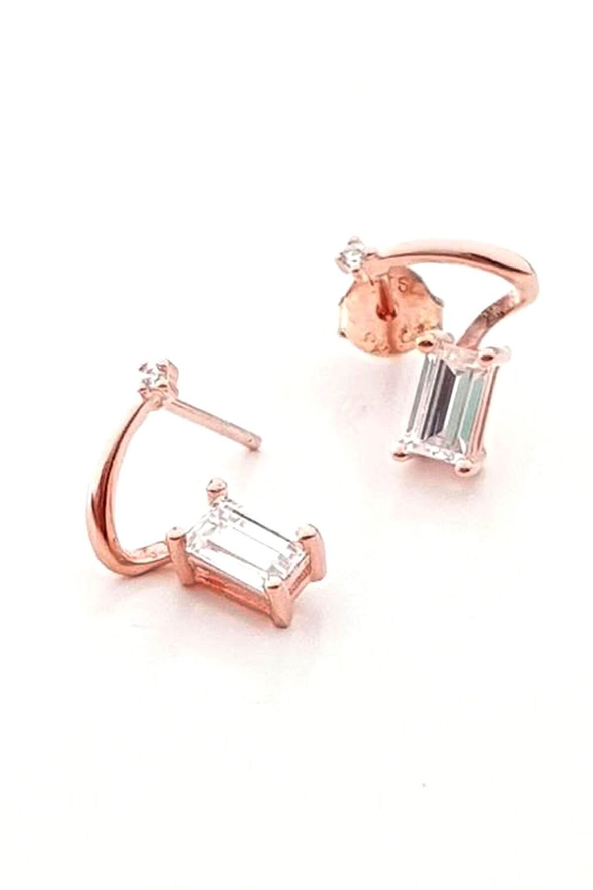 baget taşlı minimal tasarım rose gümüş küpe