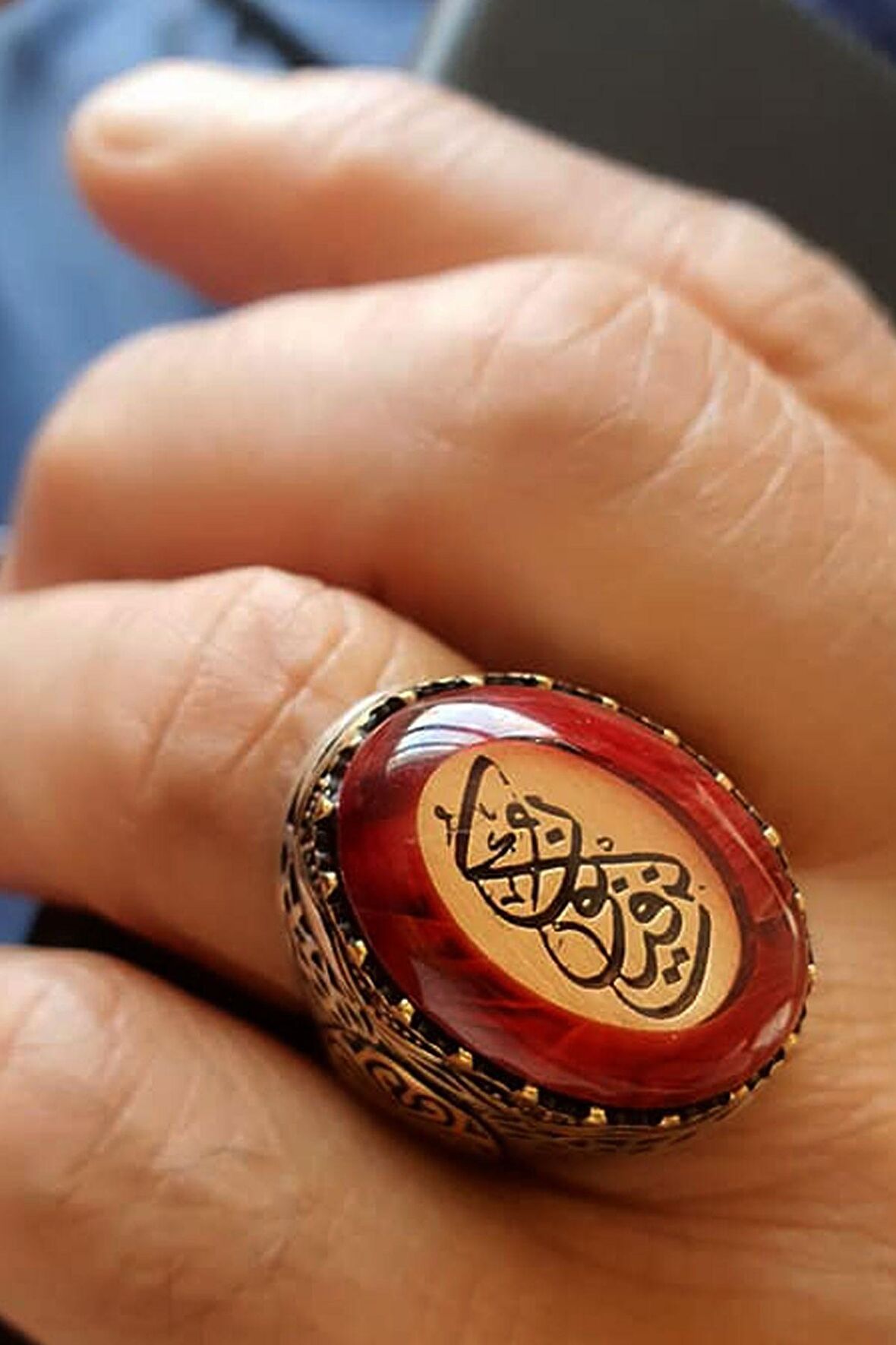 Ol der ve olur Arapça yazılı kehribar gümüş erkek koleksiyon yüzük