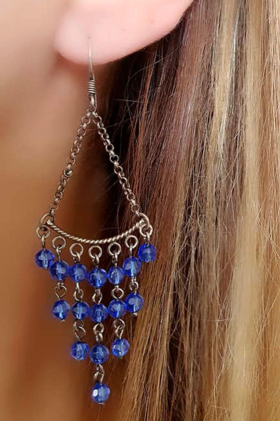 Lacivert zirkon taşlı tasarım el işi gümüş küpe 