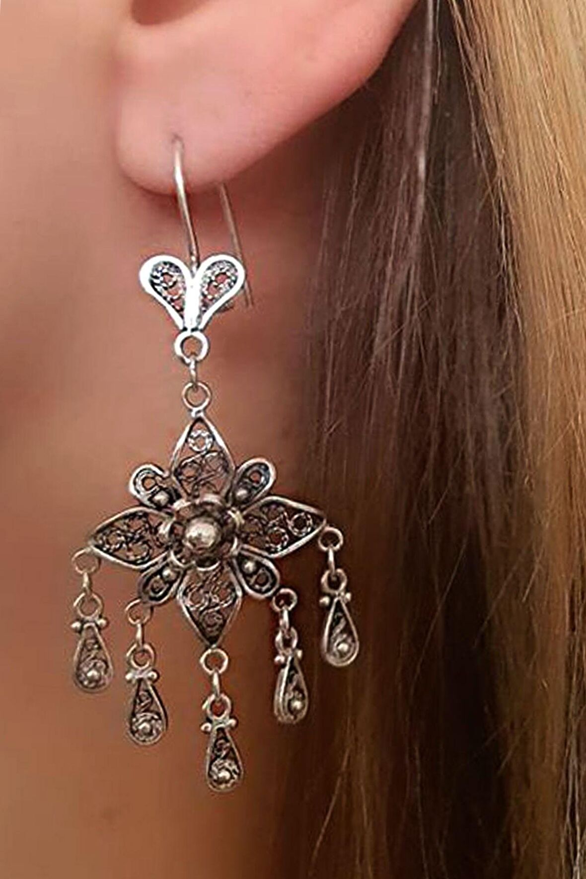 Tasarim gümüş el işi bohem küpe 