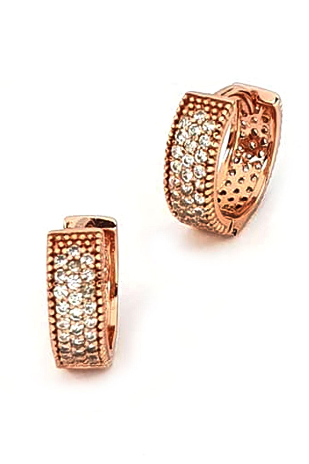 3 sıra arkası önü zirkon taşlı gümüş cift halka küpe 1 cm çap