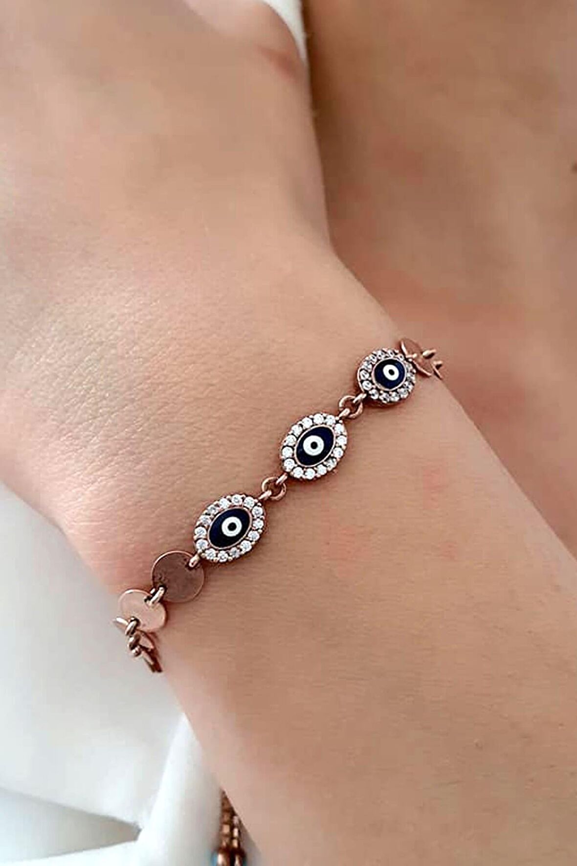 Nazar boncuklu gumus rose asansörlü ayarlanabilir bileklik 