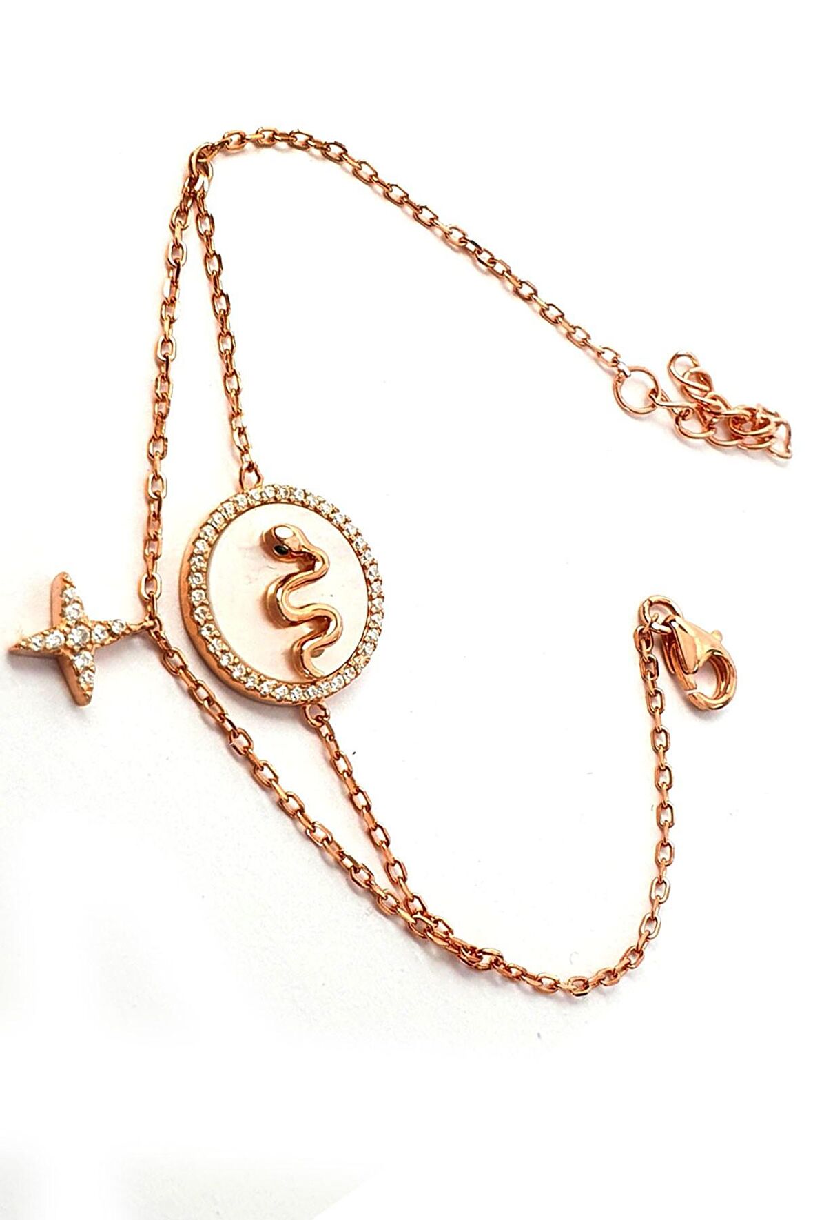 Sedef uzerine yılan figürlü gümüş italyan tasarımı rose bileklik