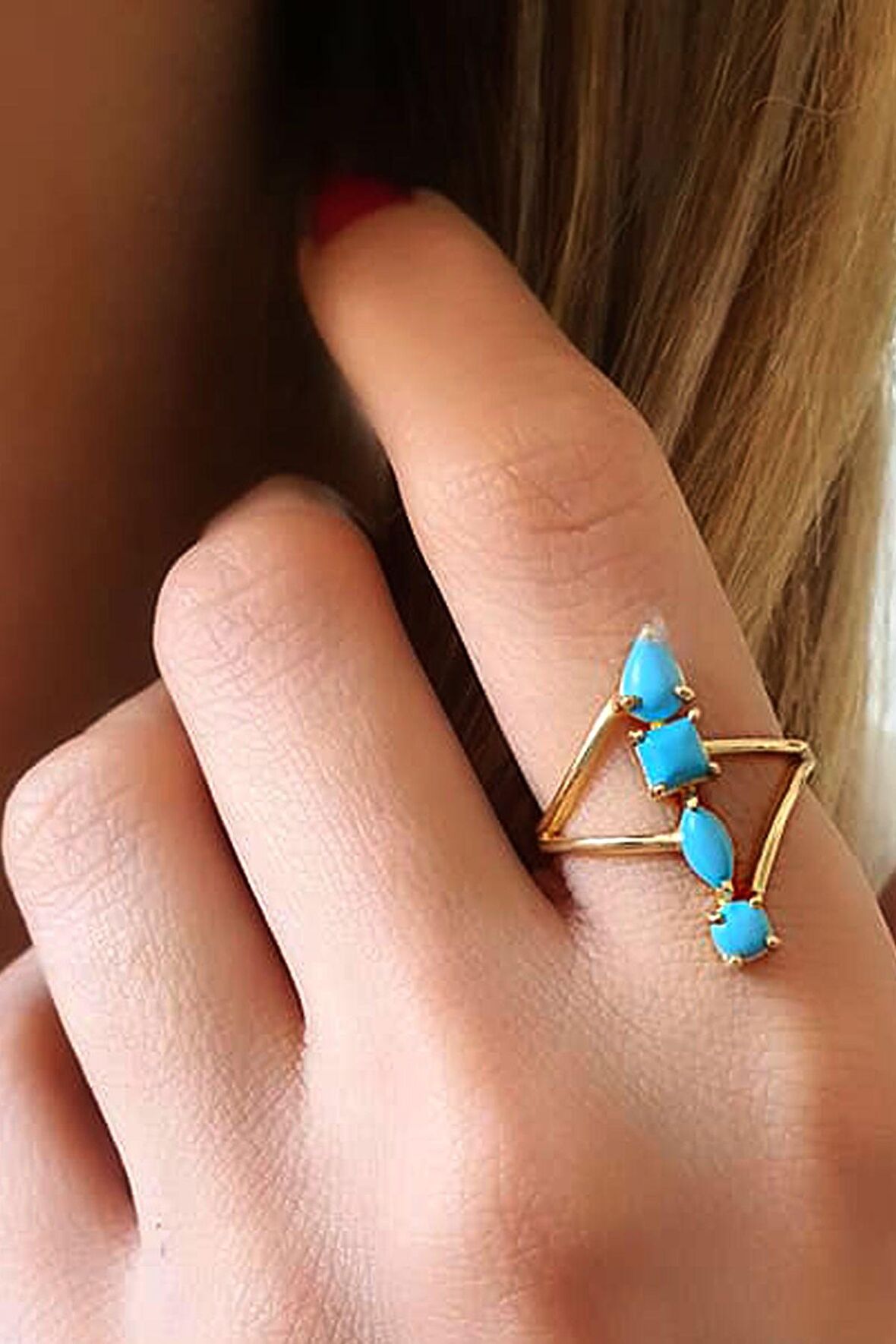 Turkuaz taşlı gümüş üzerine altın kaplama tasarım yüzük