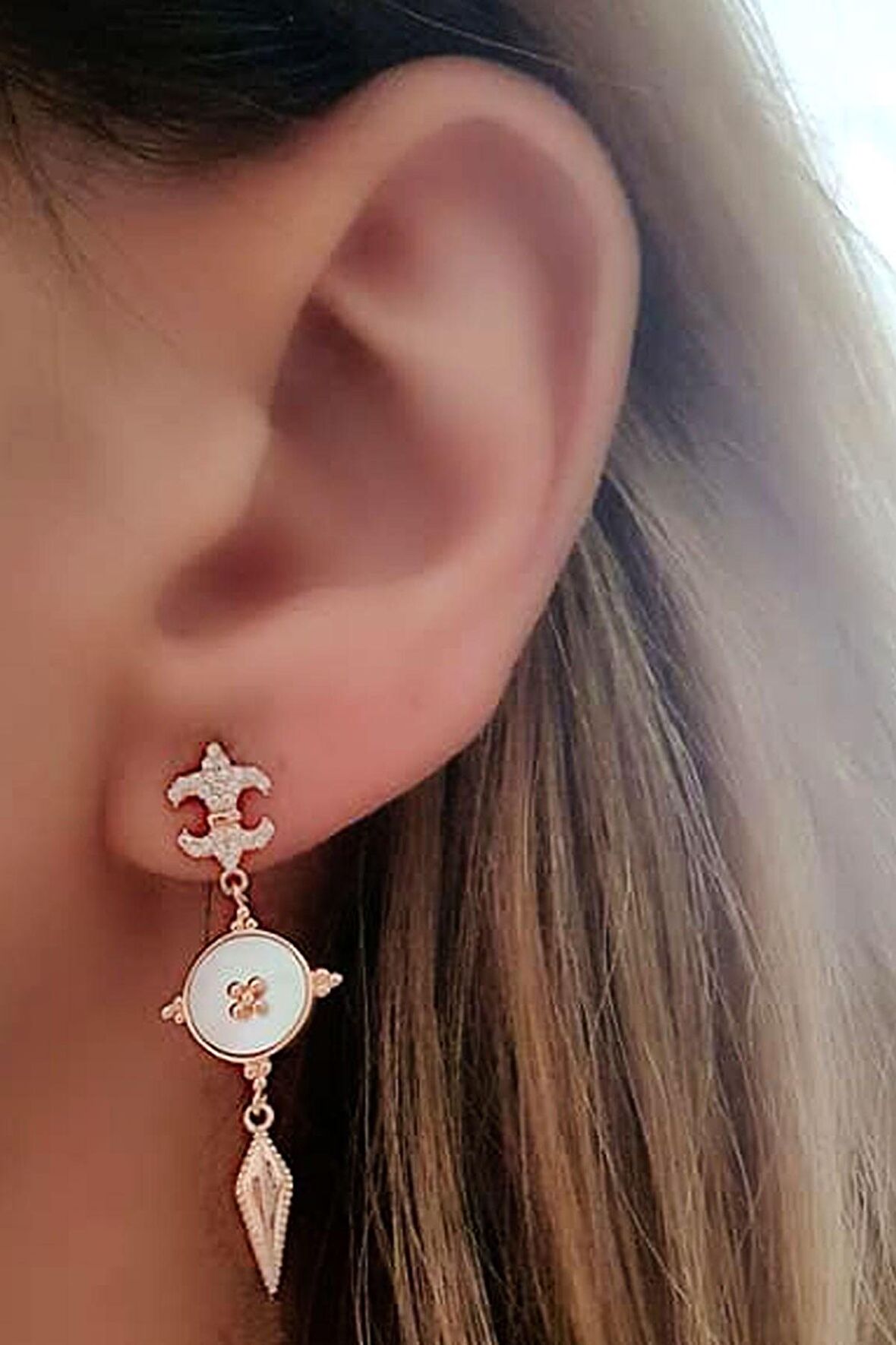 tasarım gümüş rose el isi sedef küpe