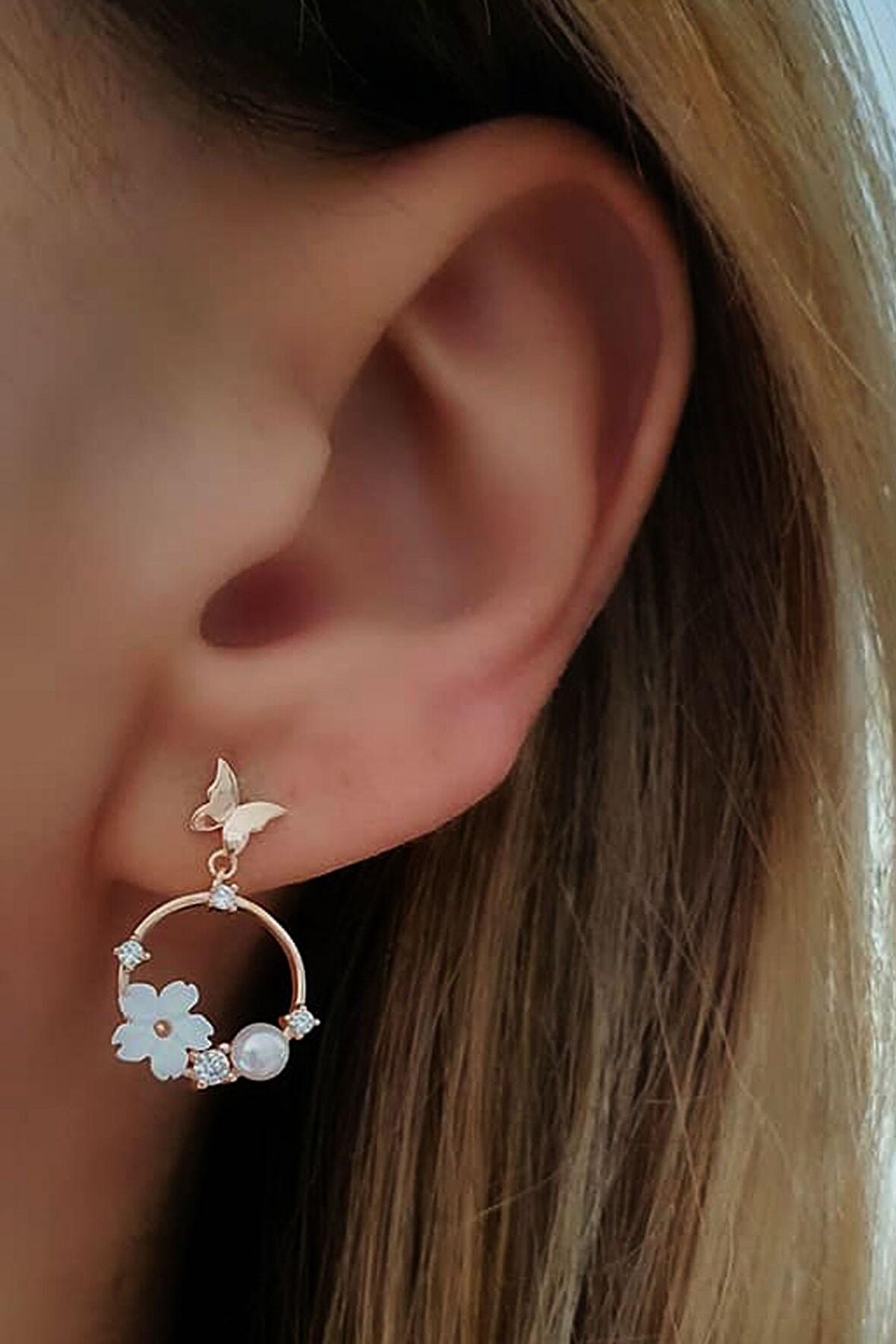 El isi sedef taşlı manolya rose gümüş küpe 