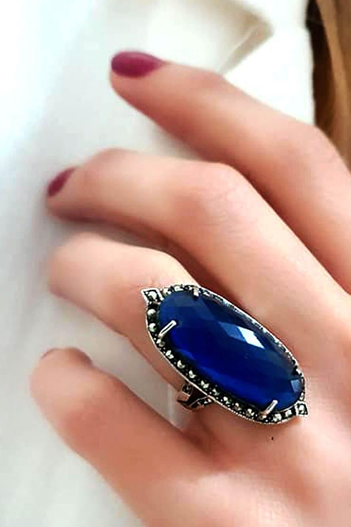 Lacivert zirkon taşlı markazit taş detaylı gümüş tasarım yüzük 