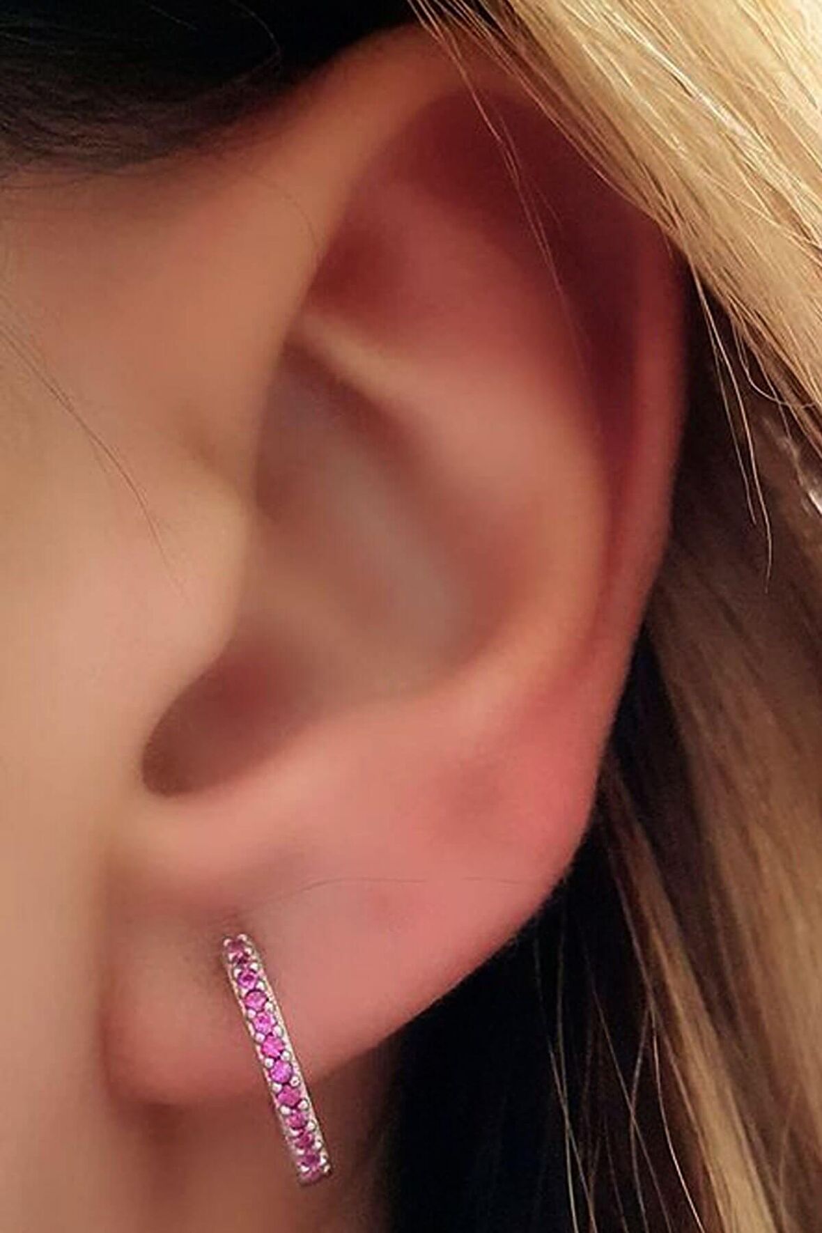 pembe zirkon taşlı gümüş halka küpe  1.7 cm çap