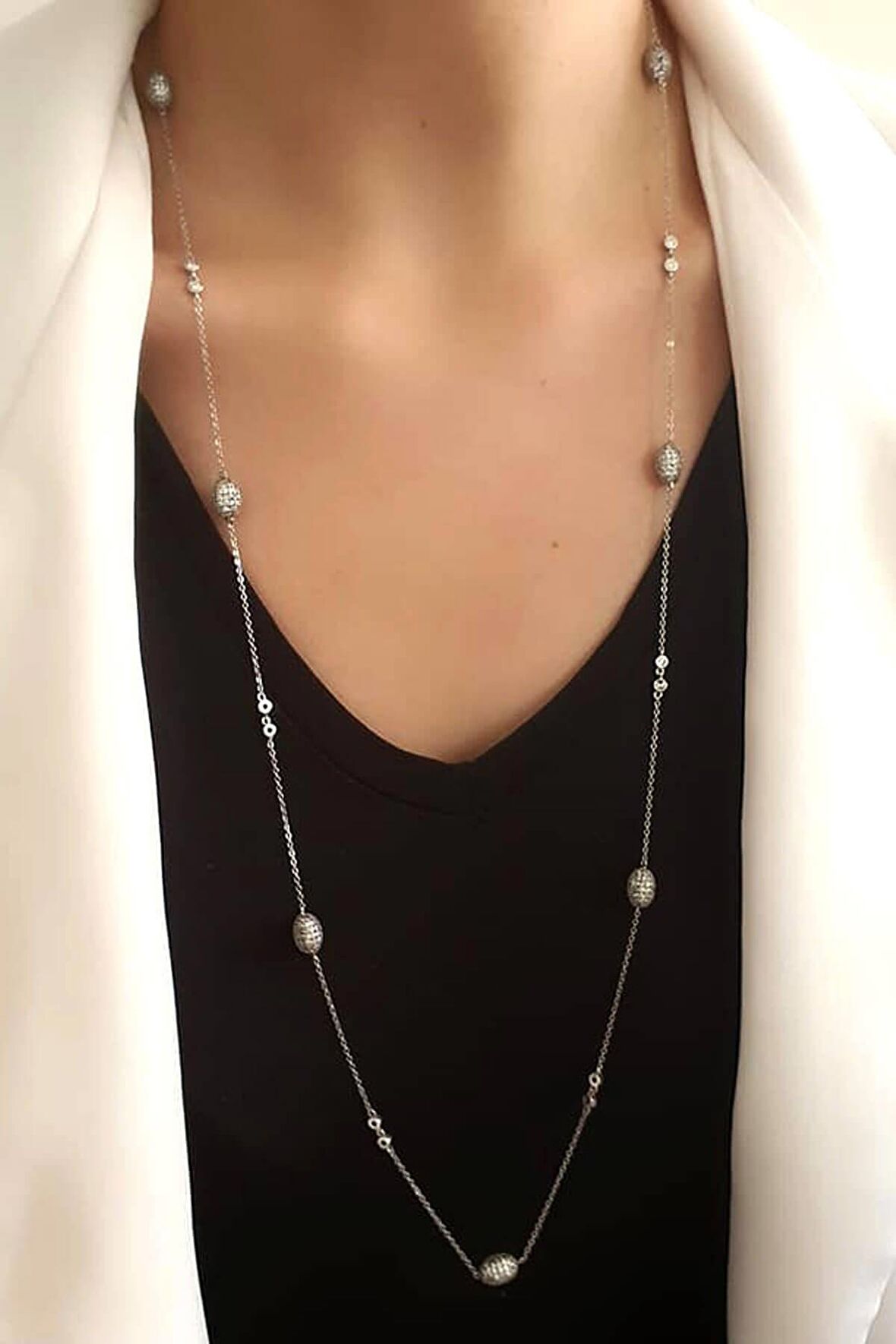 İtalyan tasarımı zirkon taşlı gümüş lüks uzun zincir kolye 