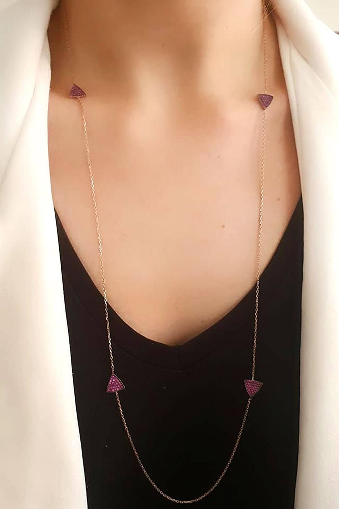 Pembe zirkon taşlı gümüş rose uzun zincir kolye