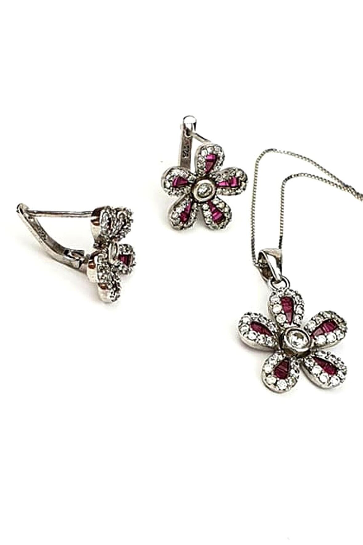 Fuşya pembe zirkon taşlı gümüş çiçek takı seti