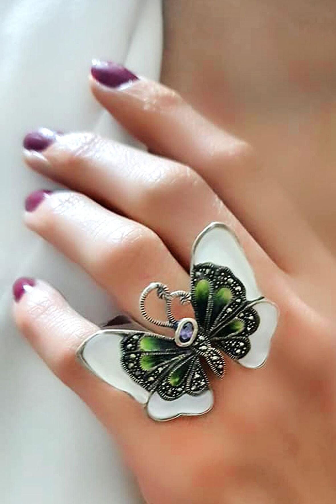 Özel tasarım mine işçiliği sedef kelebek gümüş yüzük 