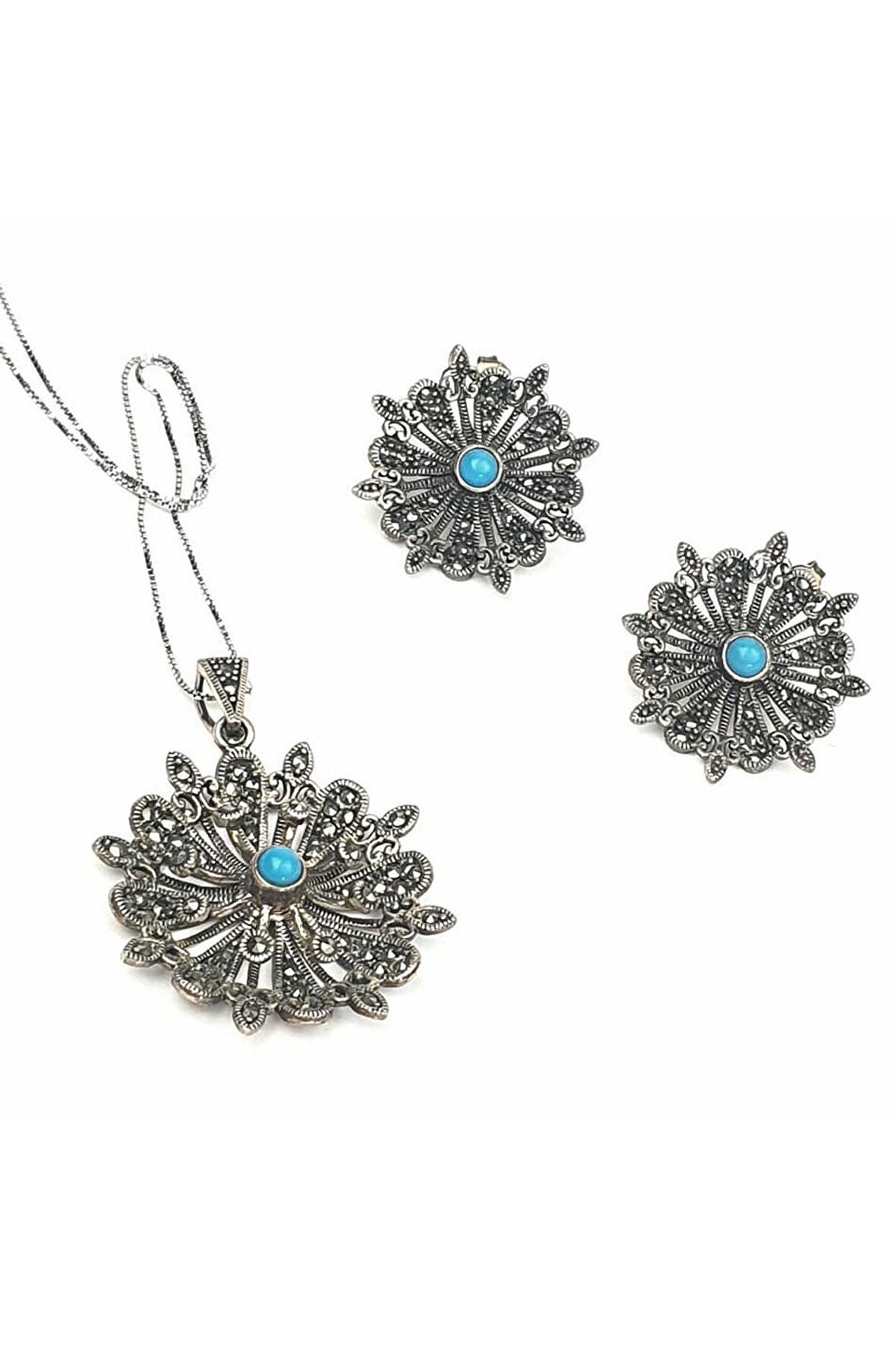 Turkuaz taşlı markazit gümüş set takım