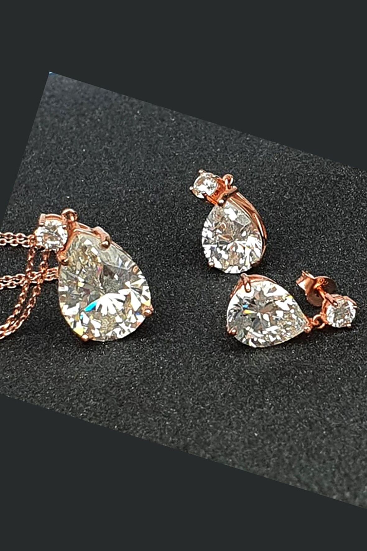 Sky diamond gümüş rose damla set takım