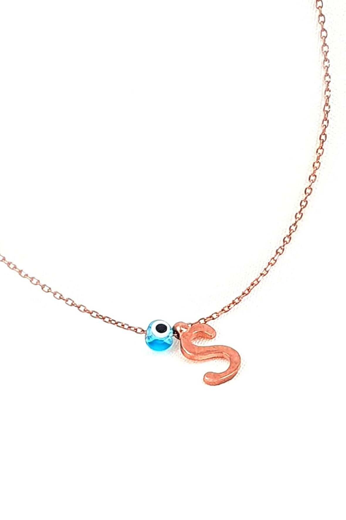 Nazar boncuklu S harfi  gümüş rose kolye