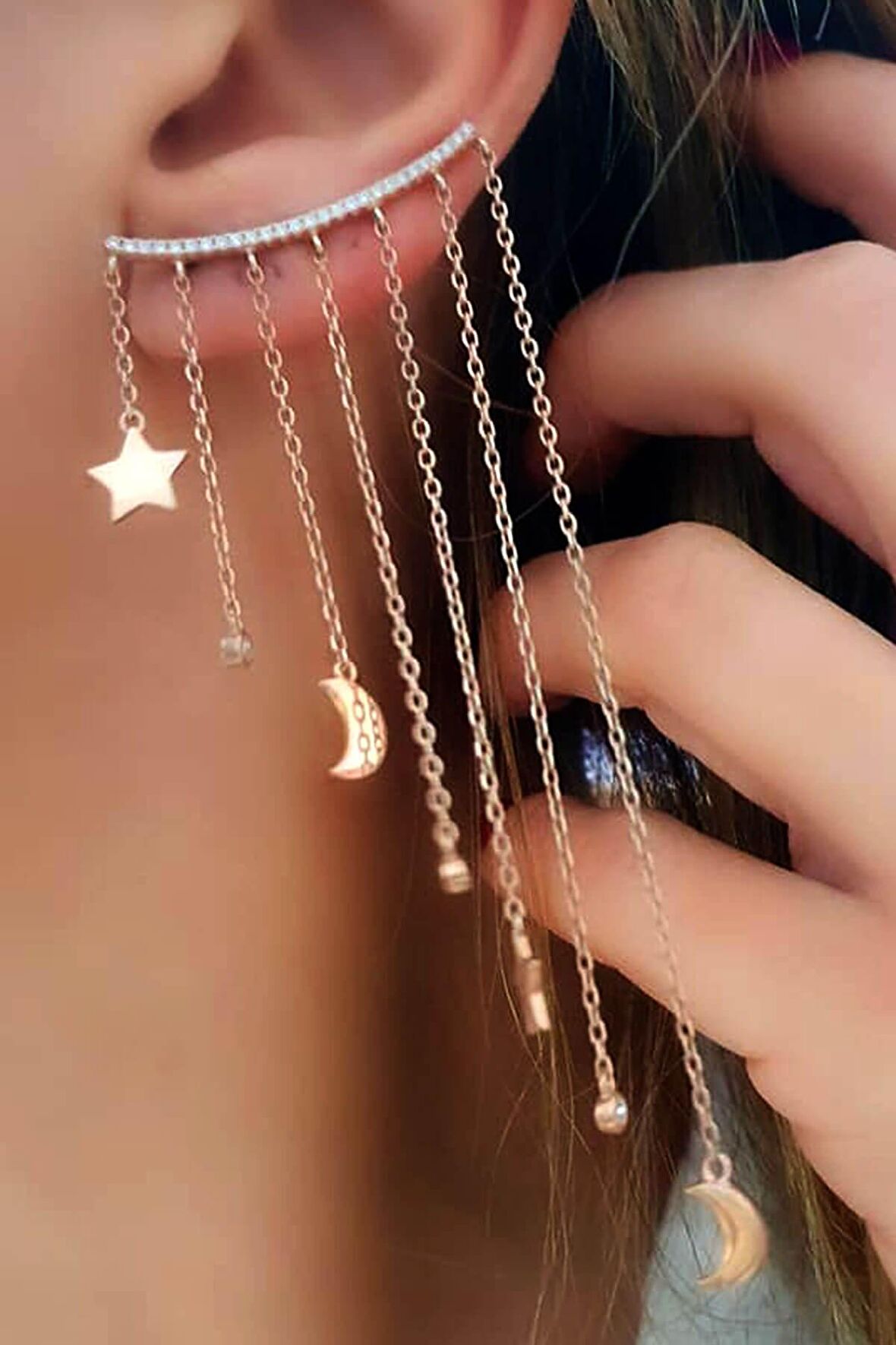 Ay yıldız figürlü gümüş rose earcuff tek küpe
