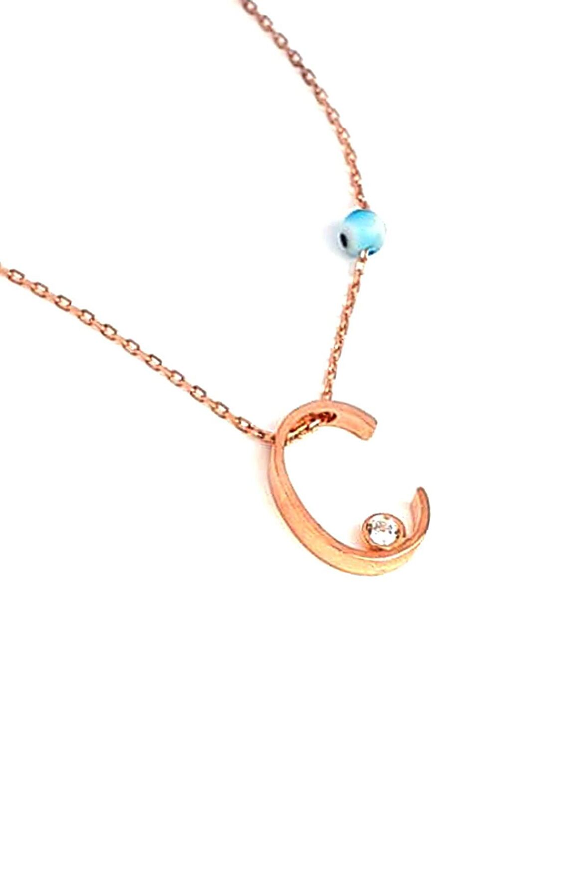 Nazar boncuklu ve zirkon taş detaylı gümüş rose c harfi  kolye