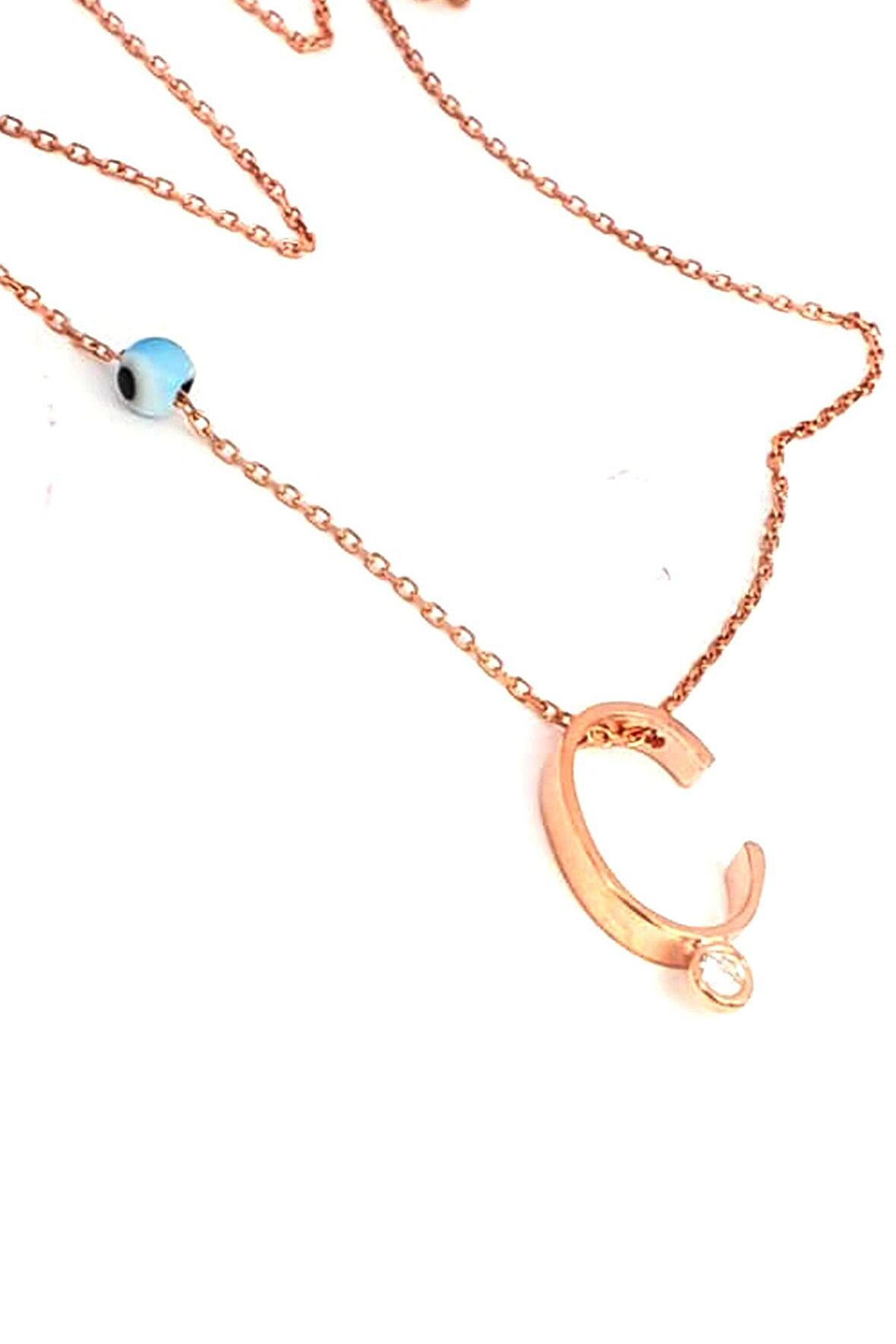 Nazar boncuklu ve zirkon taş detaylı gümüş rose Ç harfi  kolye