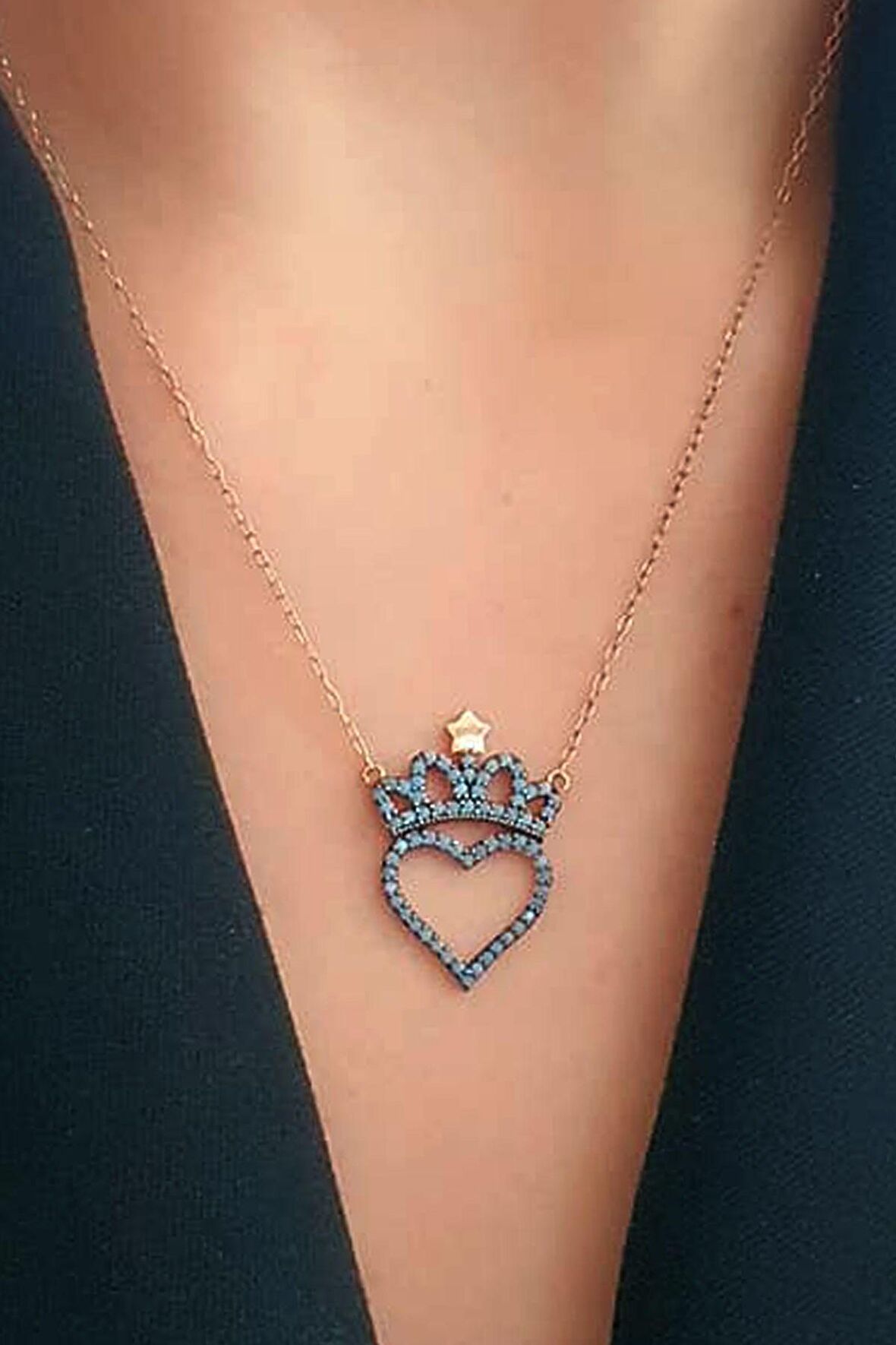 Turkuaz taşlı kalbimin tacısın gümüş rose aşk kolyesi 