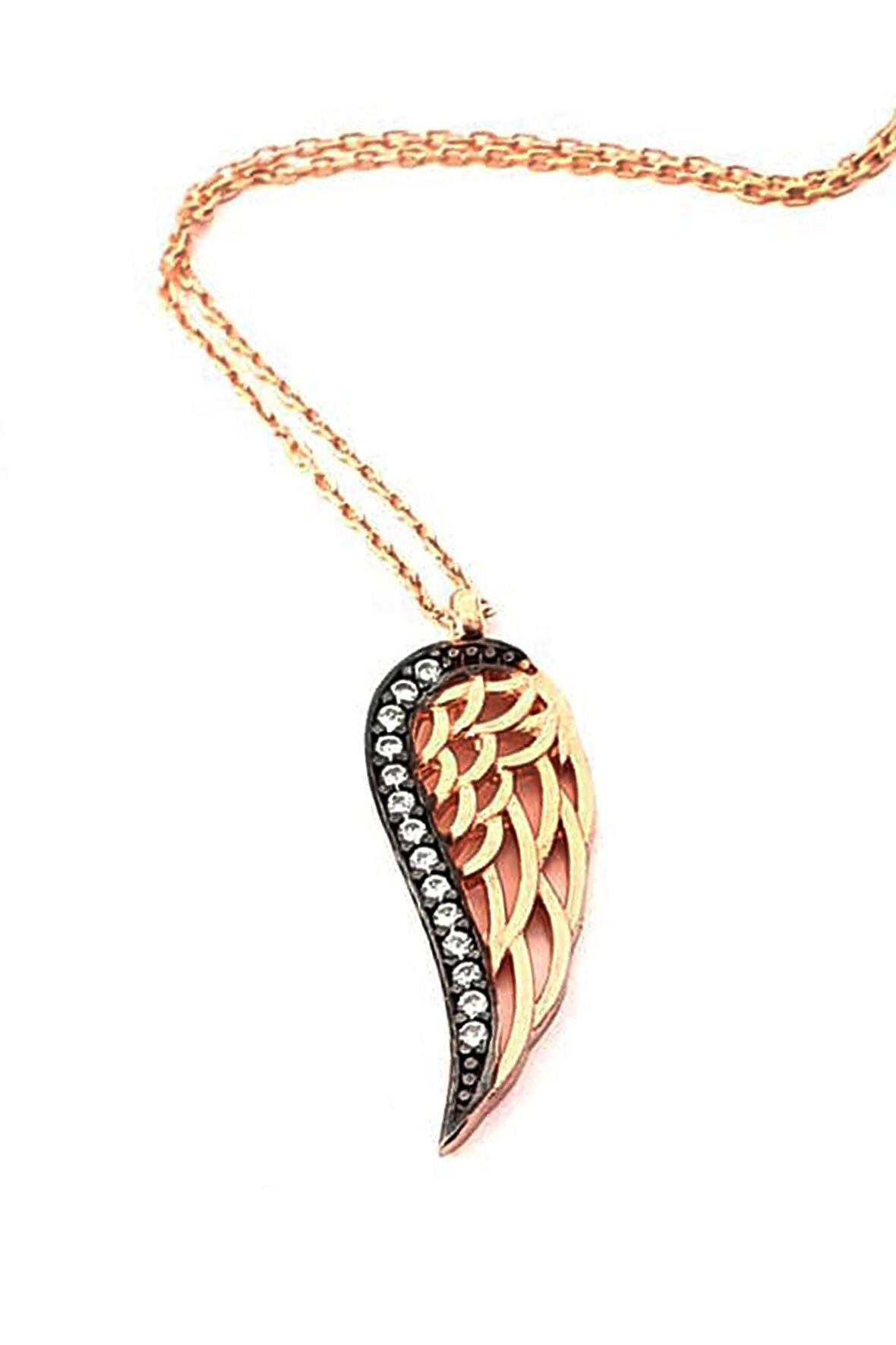 Elmas isciliginde zirkon taşlı minimal melek kanadı figurlu gümüş rose kolye