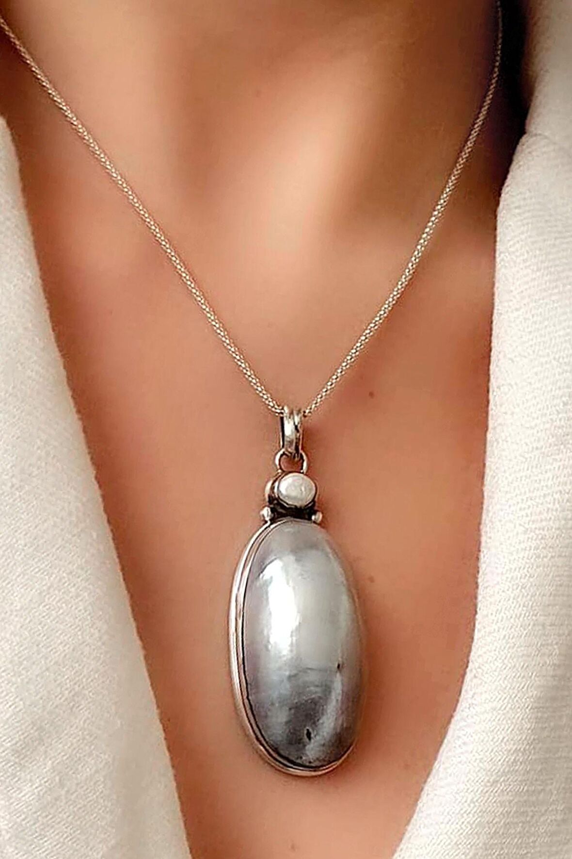 Dogal inci gümüş tasarım kolye 