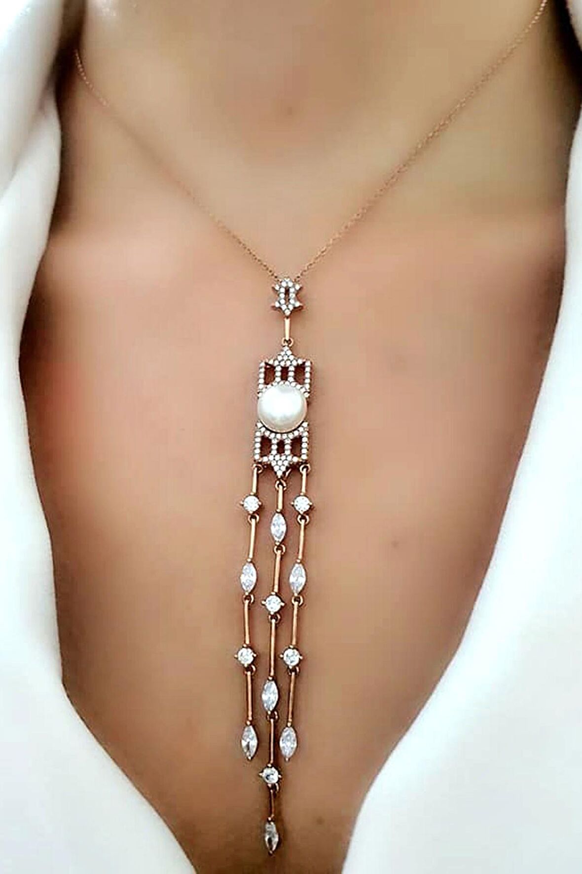 İtalyan tasarımı zirkon taşlı gümüş rose kolye zinciri asansörlü