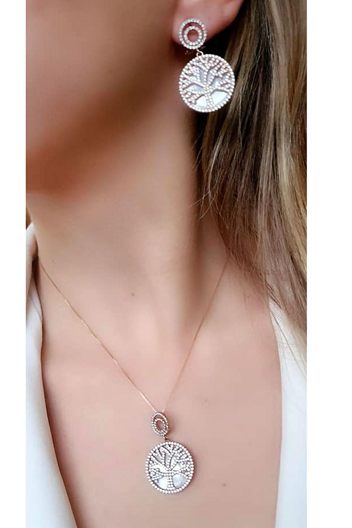 İtalyan tasarımı sedef üzerine zirkon taşlı hayat ağacı tasarım gümüş rose takı seti 