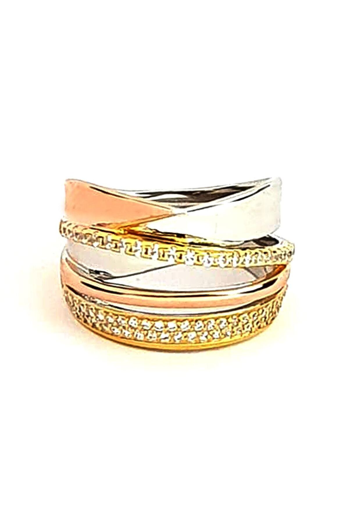 altın işçiliğinde italyan tasarımı gümüş üzerine rose altın kaplama zirkon taş detaylı 3 renk yüzük 