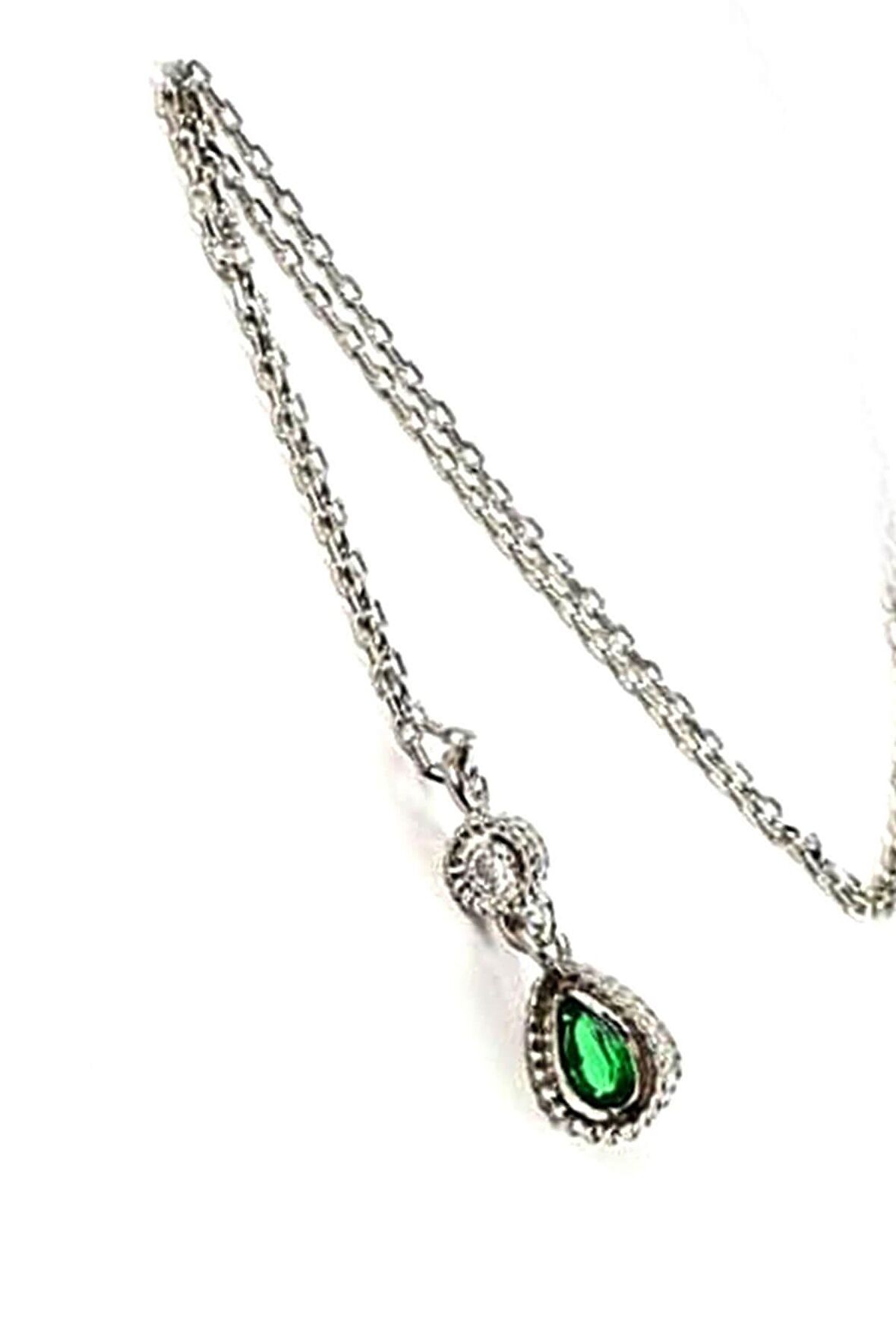 yeşil zirkon taşlı gümüş minimal damla kolye 