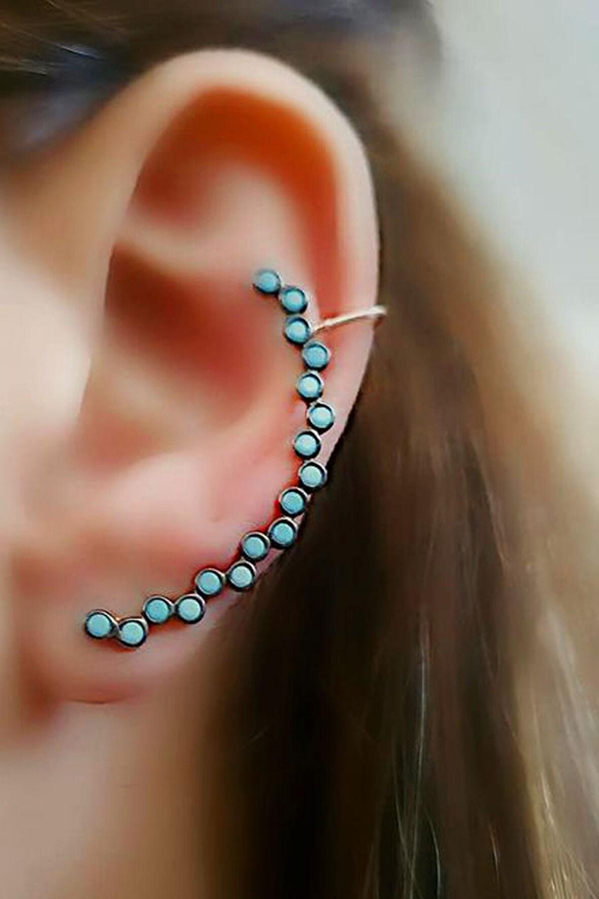 Turkuaz taşlı 925 ayar gümüş rose earcuff tek küpe 