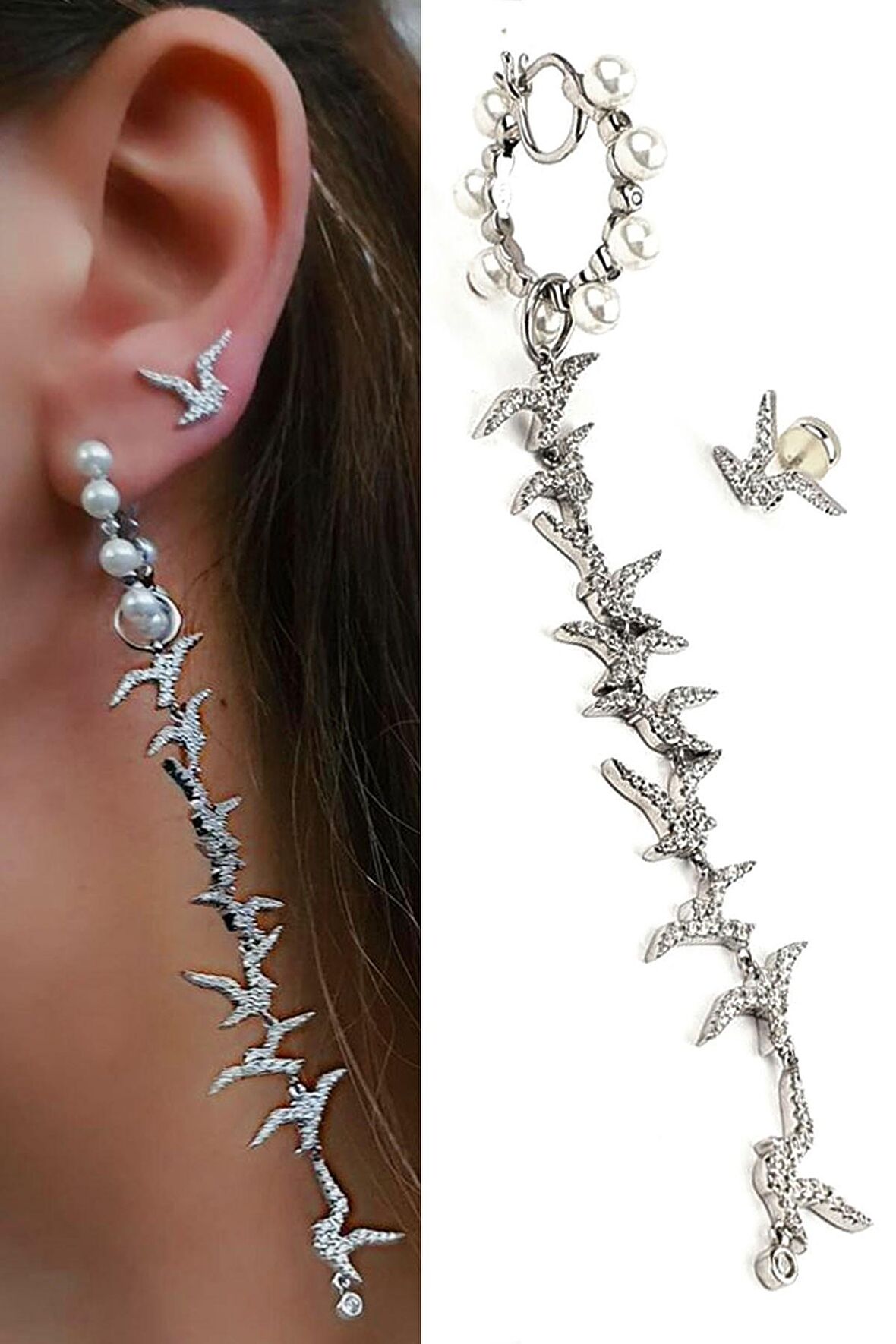 İtalyan tasarımı pırlanta ışıltısında zirkon taşlı gümüş efsane martılar asimetrik küpe kombin