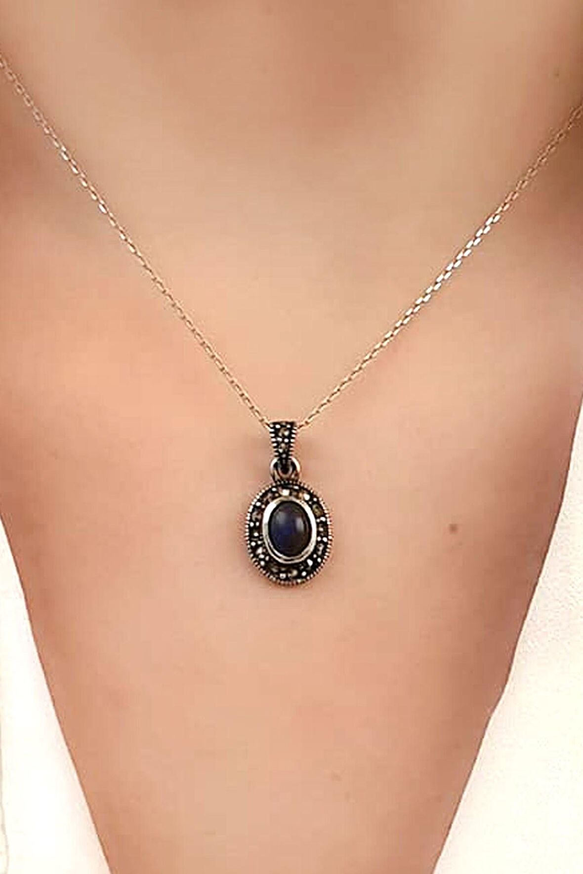 Markazit taşlı lapis 925ayar gümüş kolye 