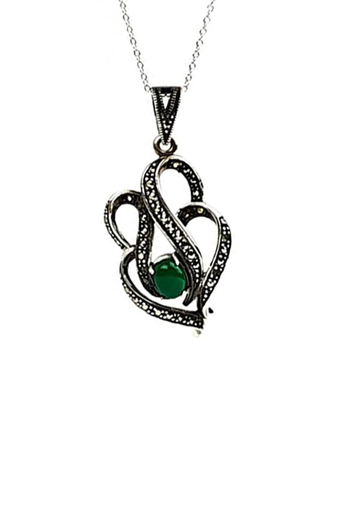 Yeşil akik taşlı markazit taş detaylı gümüş tasarım kolye 