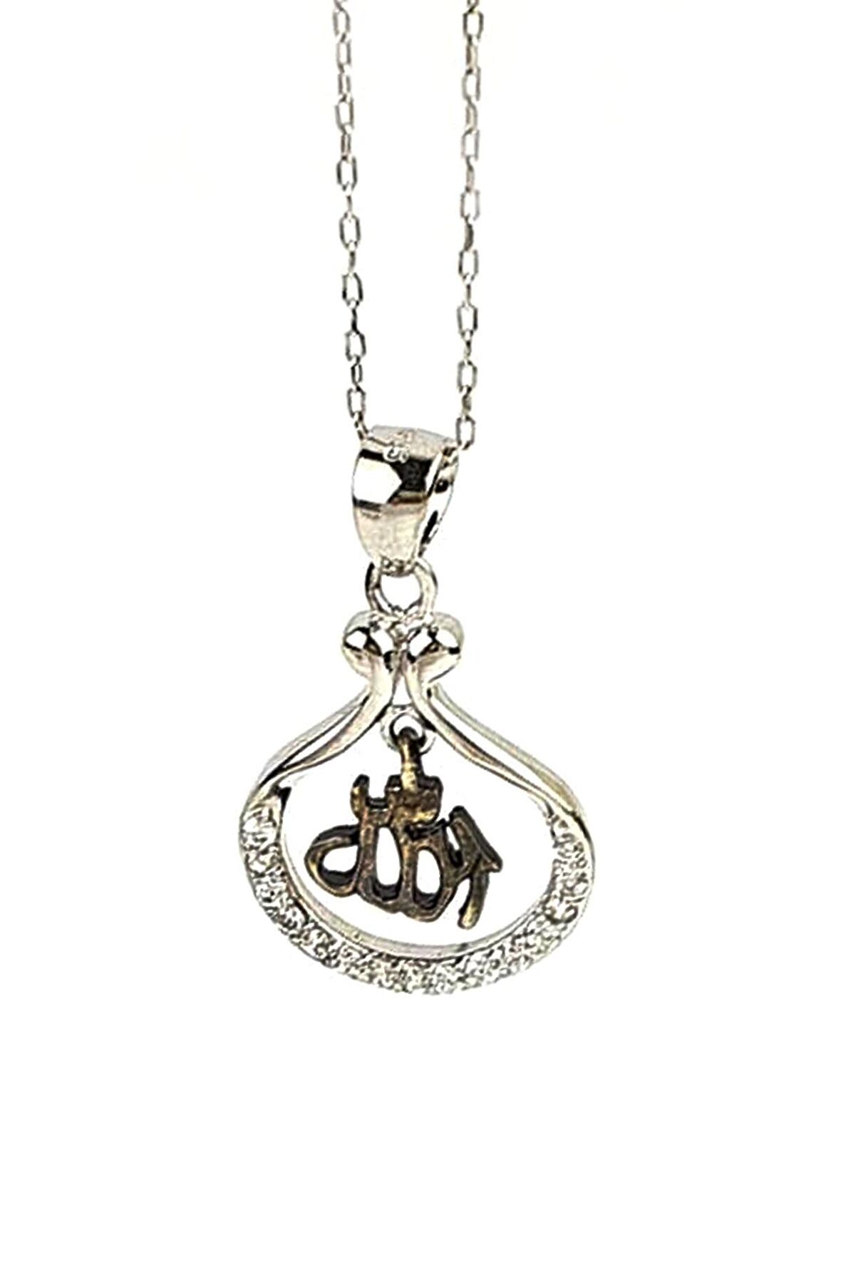 Zirkon taş detaylı Allah yazılı gümüş kolye