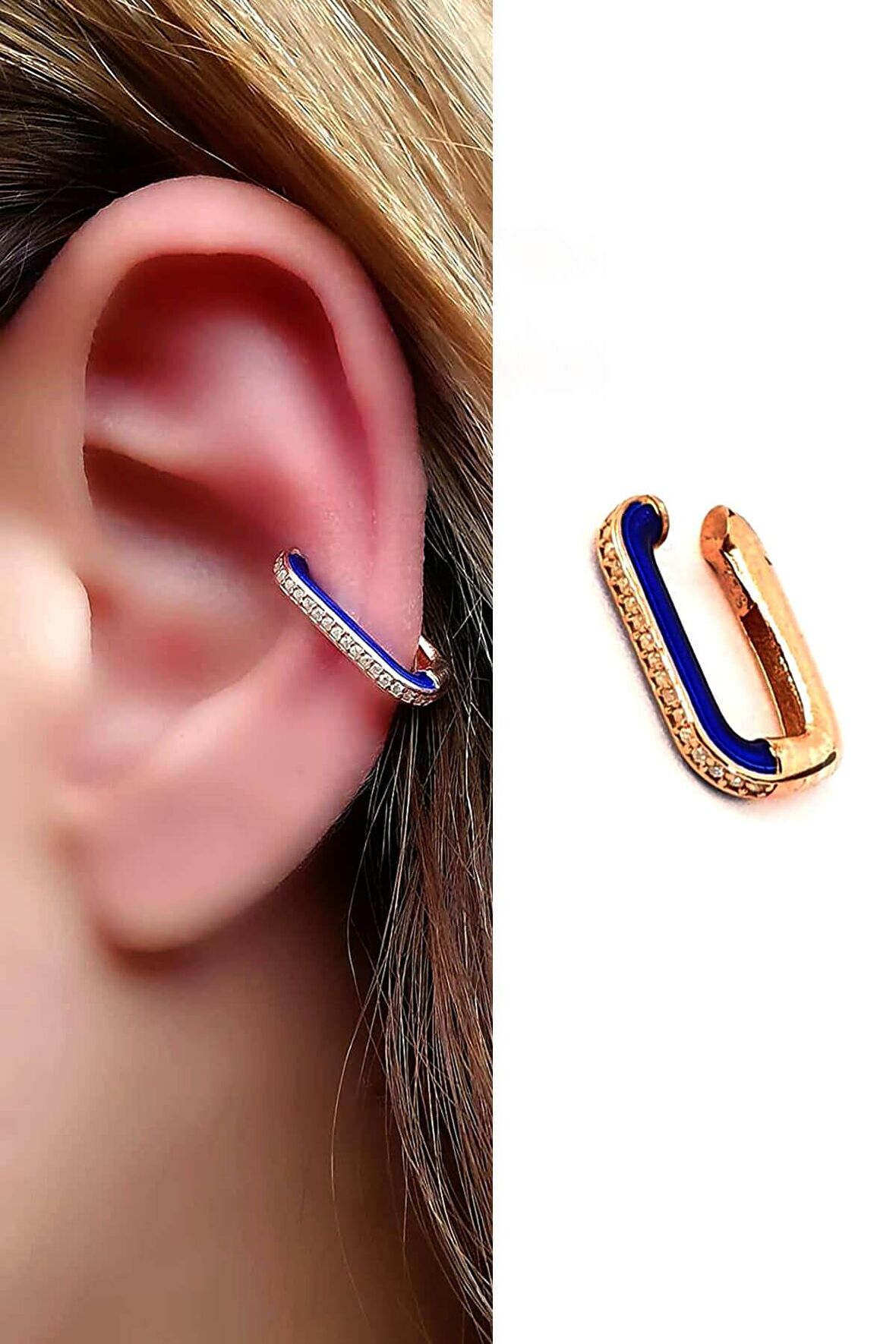 lacivert neon mineli zirkon taş detaylı gümüş rose sıkıştırmalı kıkırdak küpe 