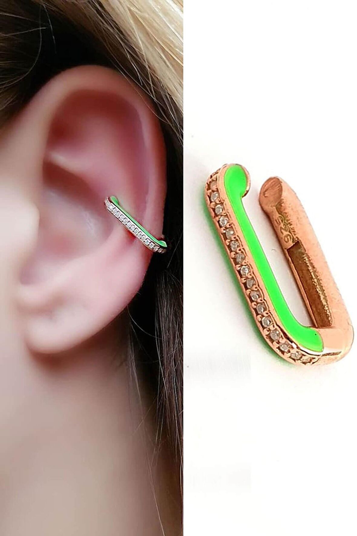 Yeşil neon mineli zirkon taş detaylı gümüş rose sıkıştırmalı kıkırdak küpe