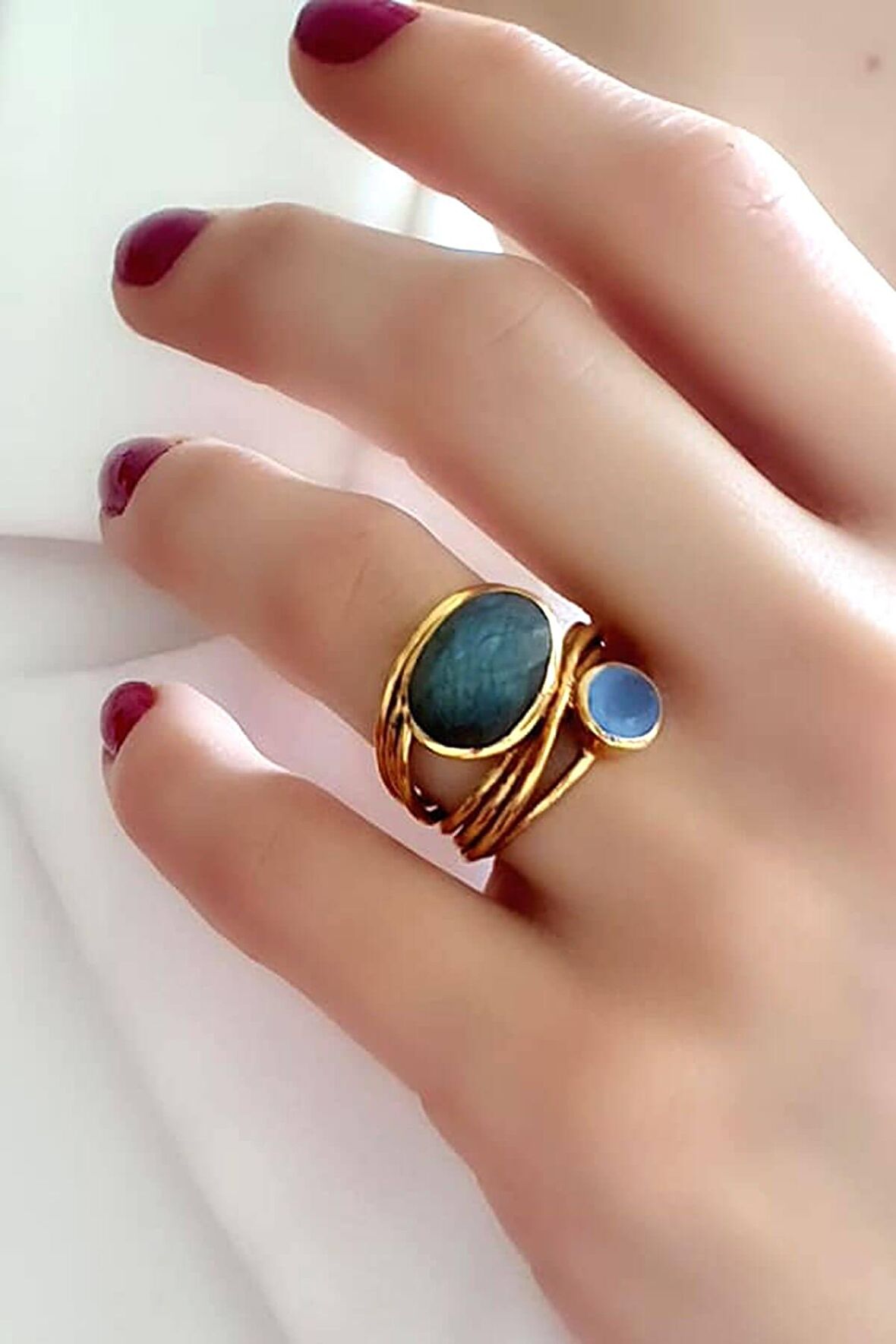 Kalsedon ve rutil kuvars taşlı rose el işi tasarım yüzük