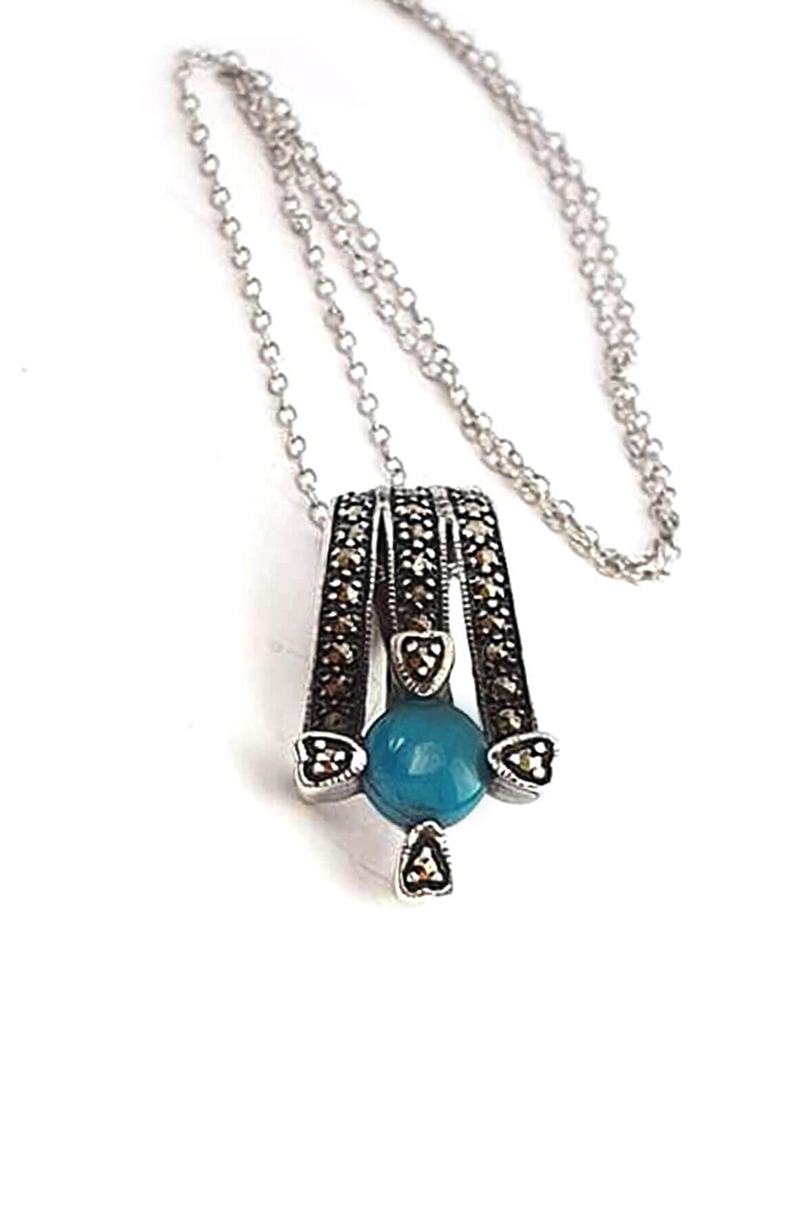 Turkuaz taşlı markazit taş detaylı gümüş tasarım kolye
