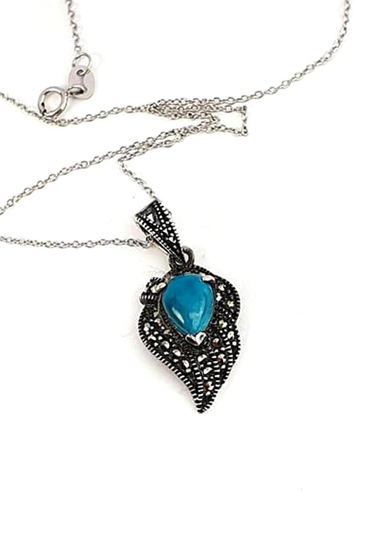 Turkuaz taşlı markazit taş detaylı gümüş tasarım kolye 