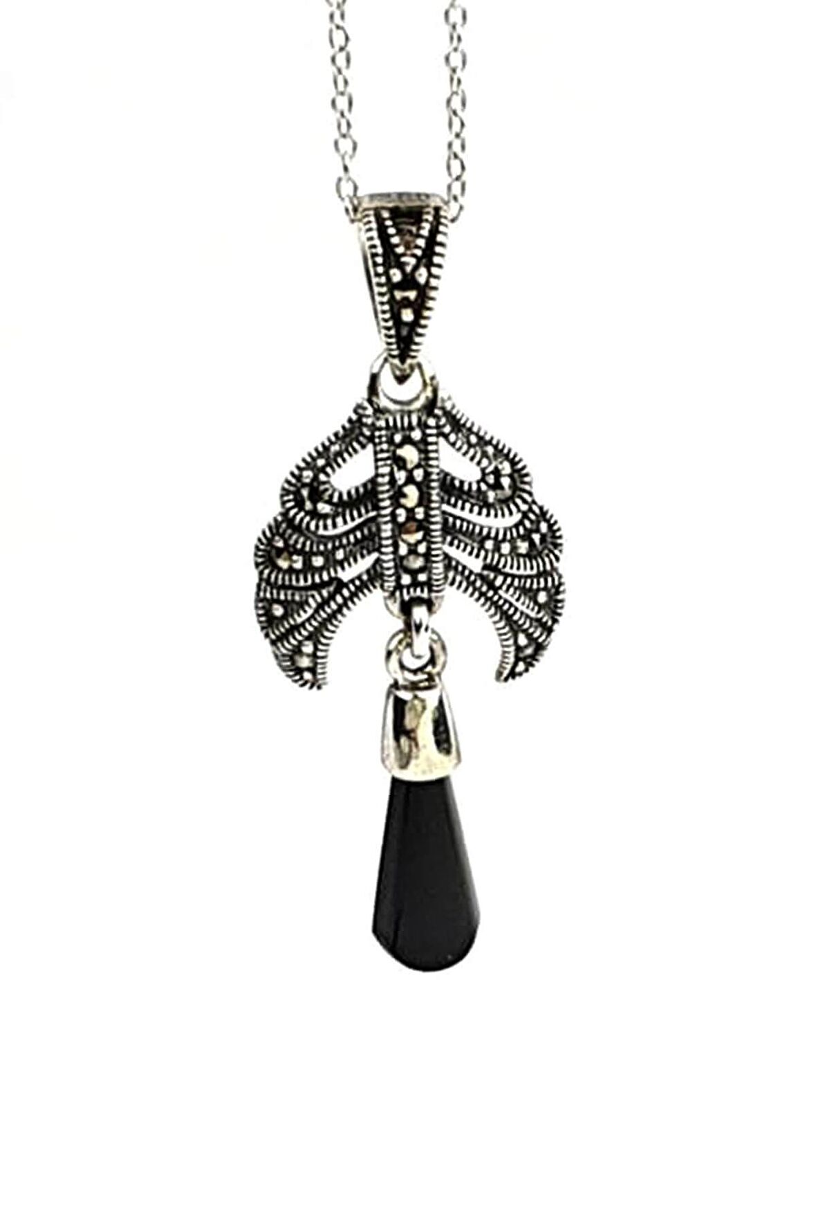 oniks taşlı markazit taş detaylı gümüş tasarım kolye 