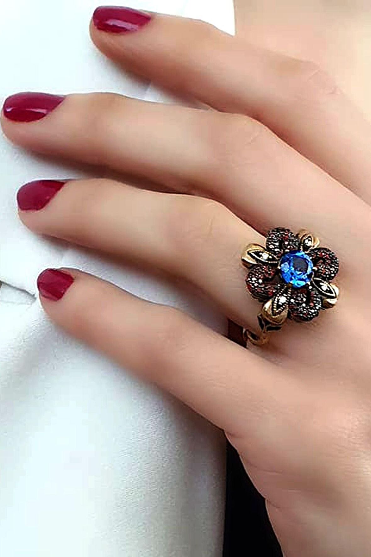 Granat aquamarin taşlı gümüş rose yüzük 