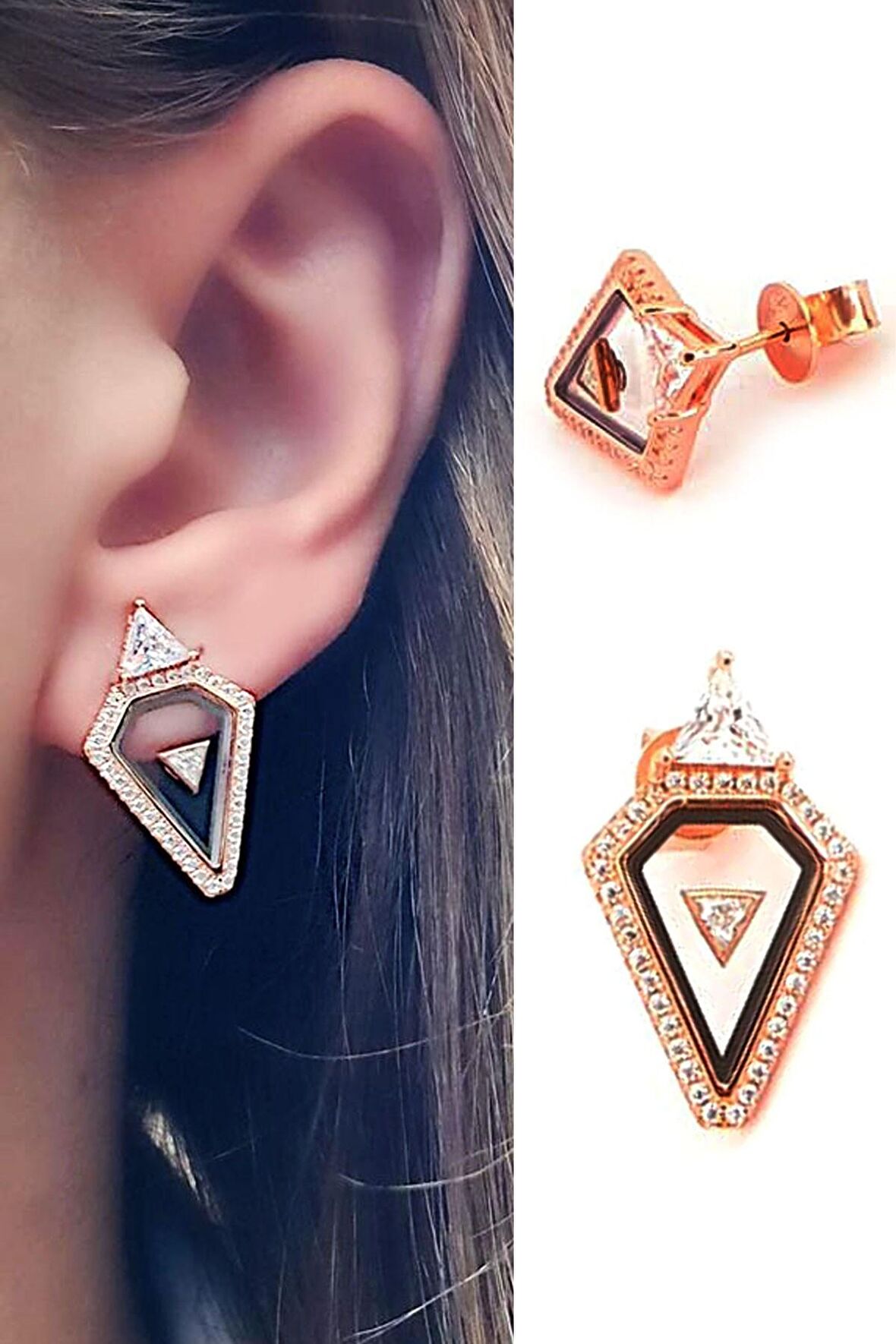 İtalyan tasarımı 925ayar gümüş rose zirkon taş detaylı lüks üçgen küpe