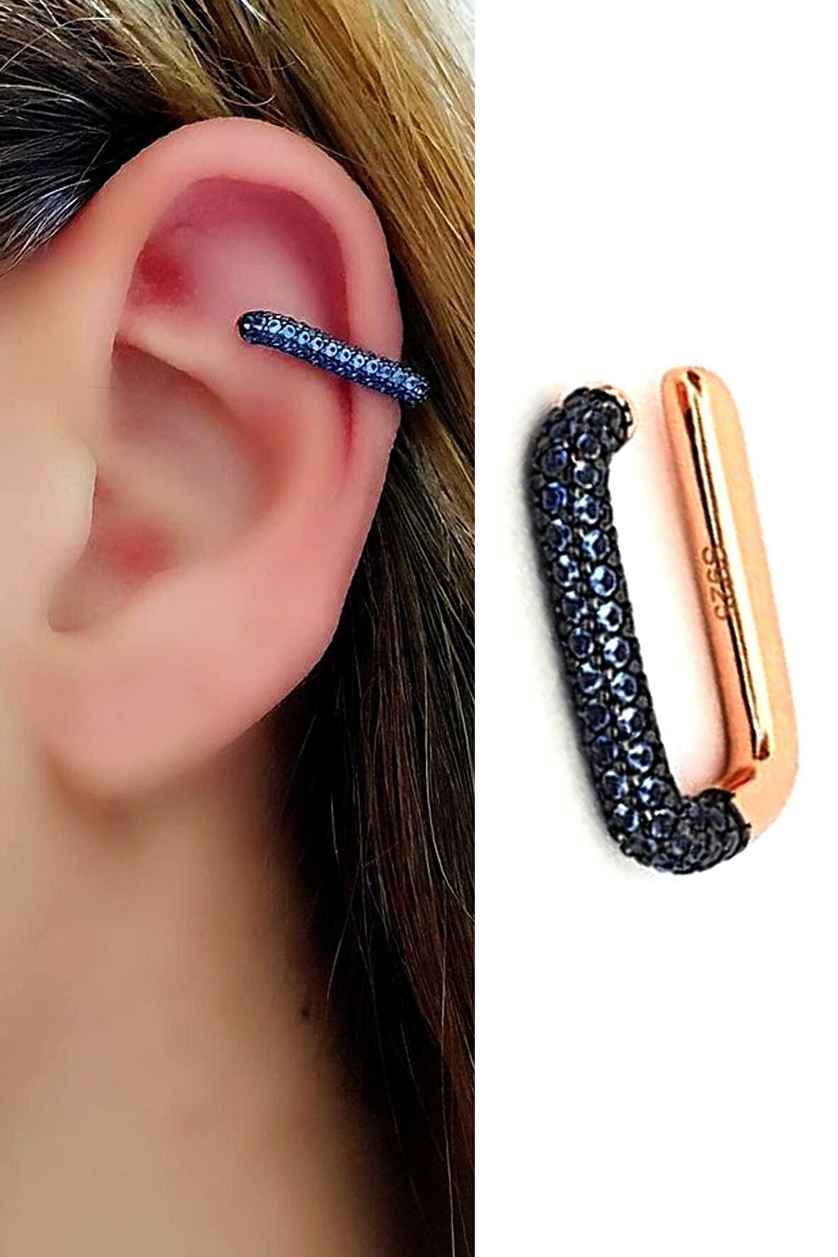 Mavi zirkon taş detaylı italyan 925 ayar gümüş rose sıkıştırmalı kıkırdak küpesi