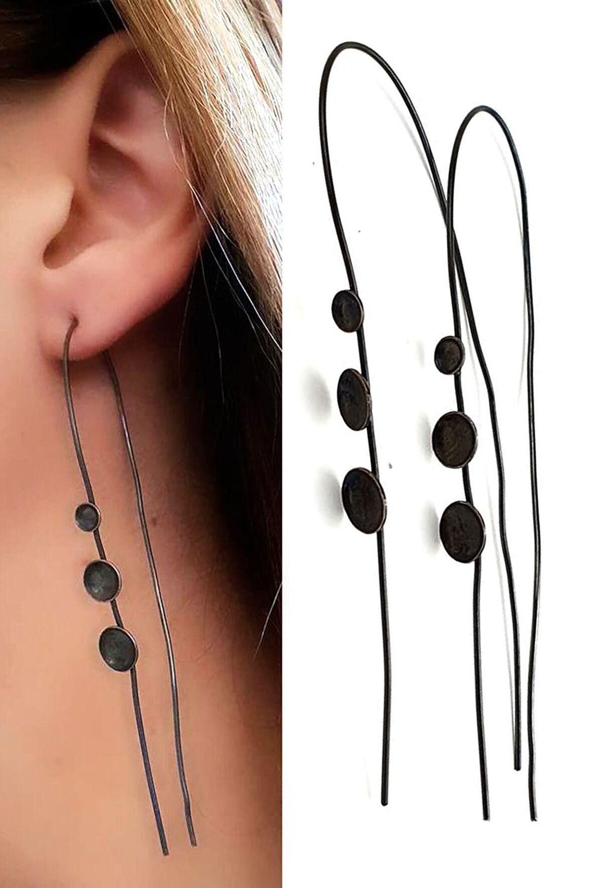 Siyah rodajlı 925 ayar gümüş tasarım küpe