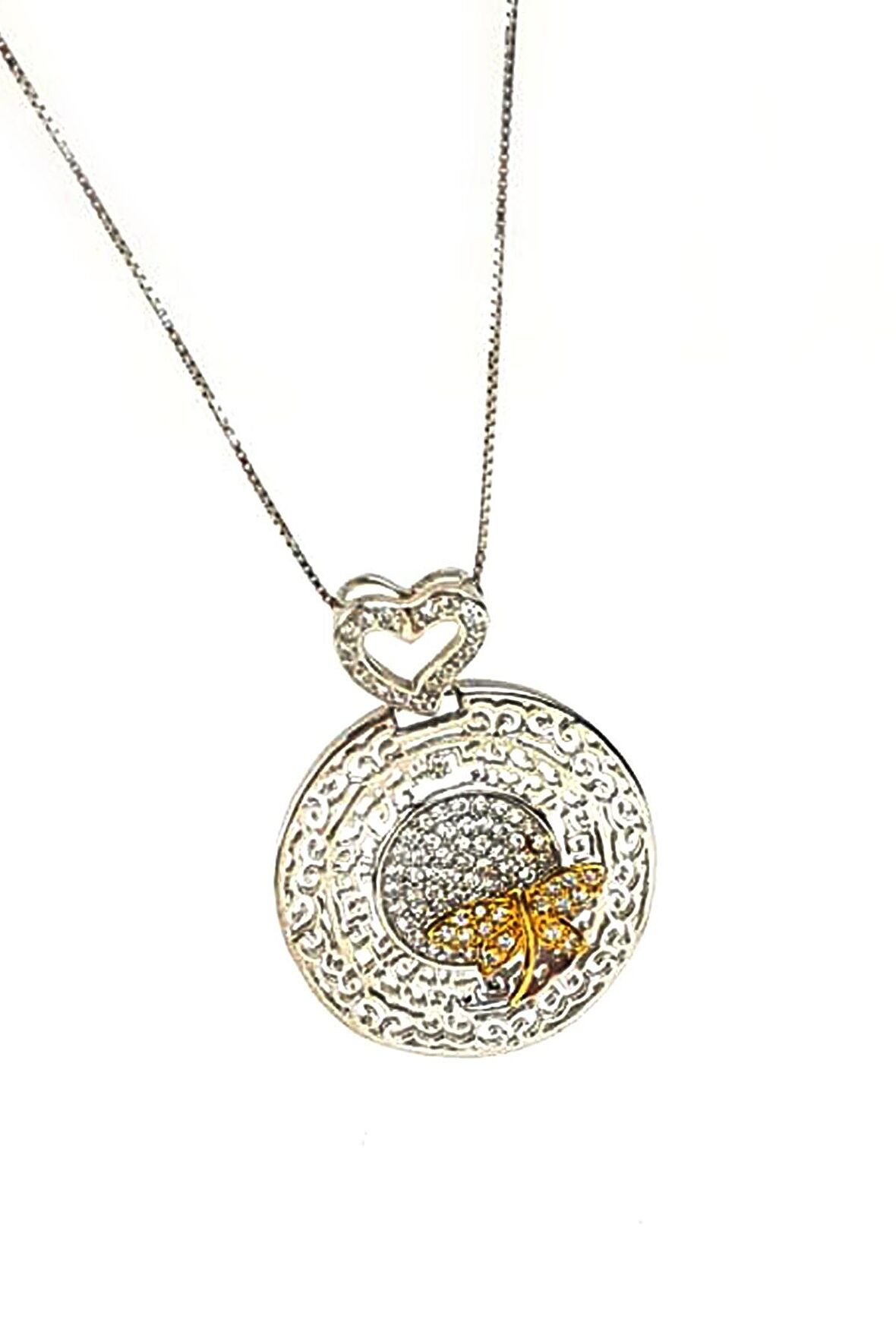 Zirkon taşlı altın işçiliğinde 925ayar gümüş yusufçuk figürlü lüks kolye 