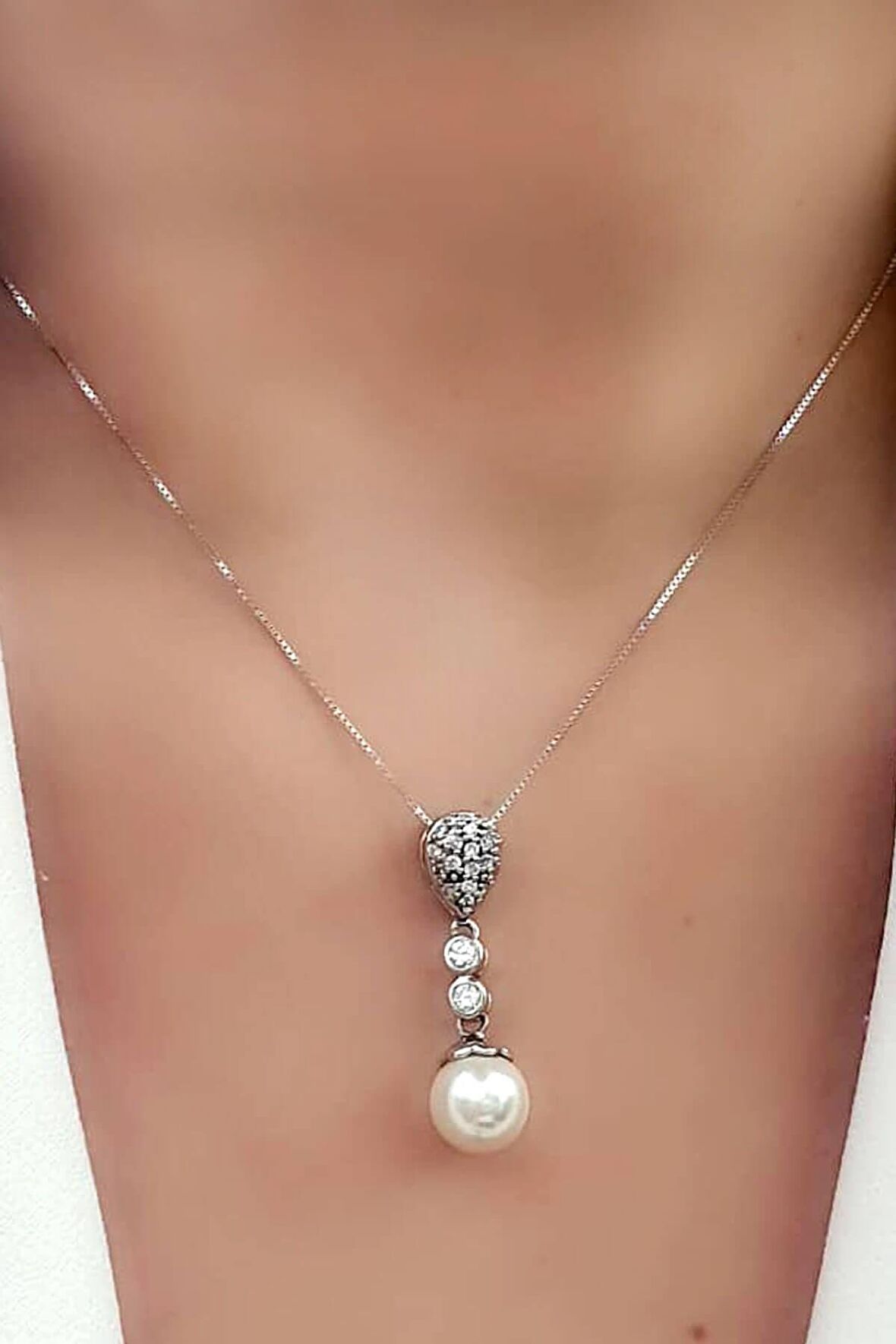 Zirkon taşlı 925 ayar gümüş inci kolye