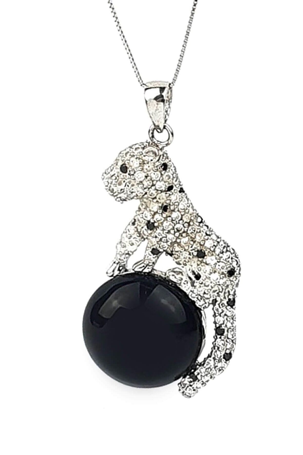 Oniks taşlı zirkon taş detaylı Kaplan figürlü İtalyan tasarımı 925 ayar gümüş kolye