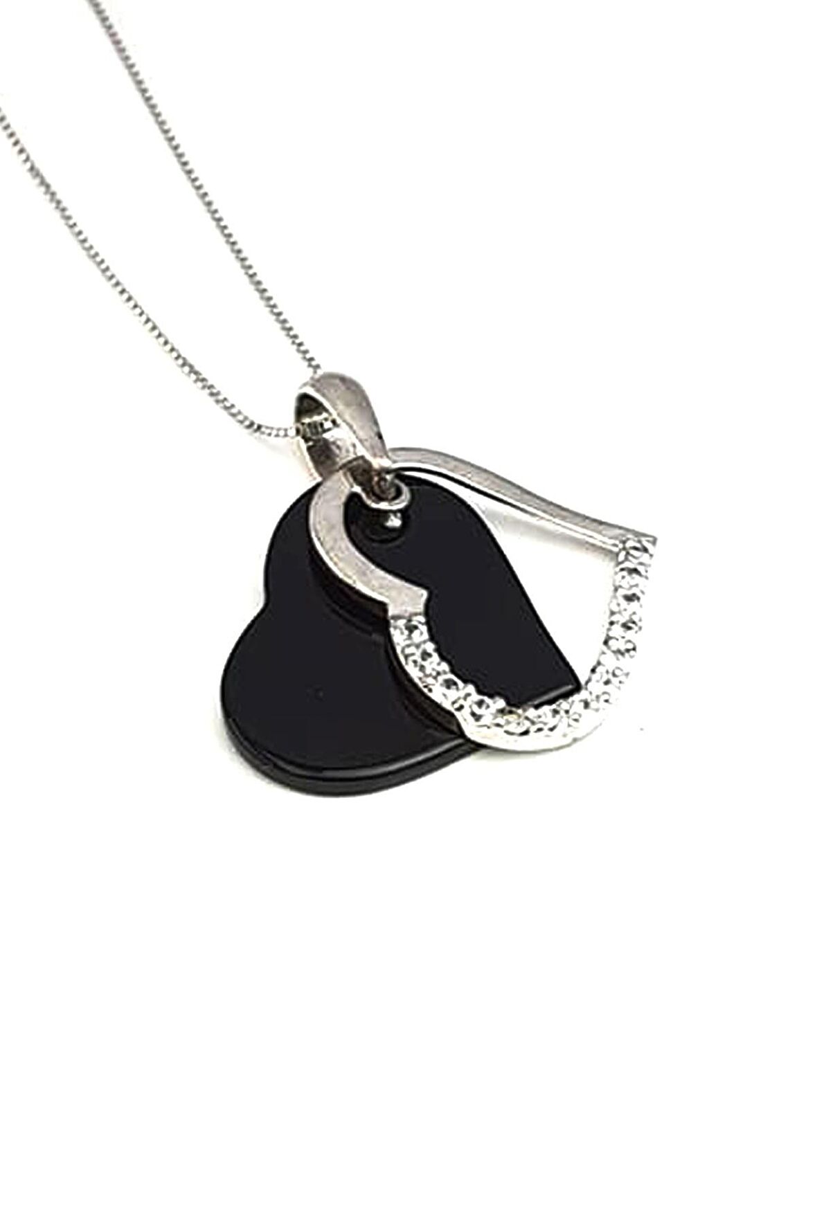 oniks taşlı zirkon taş detaylı 925 ayar gümüş kalp kolye